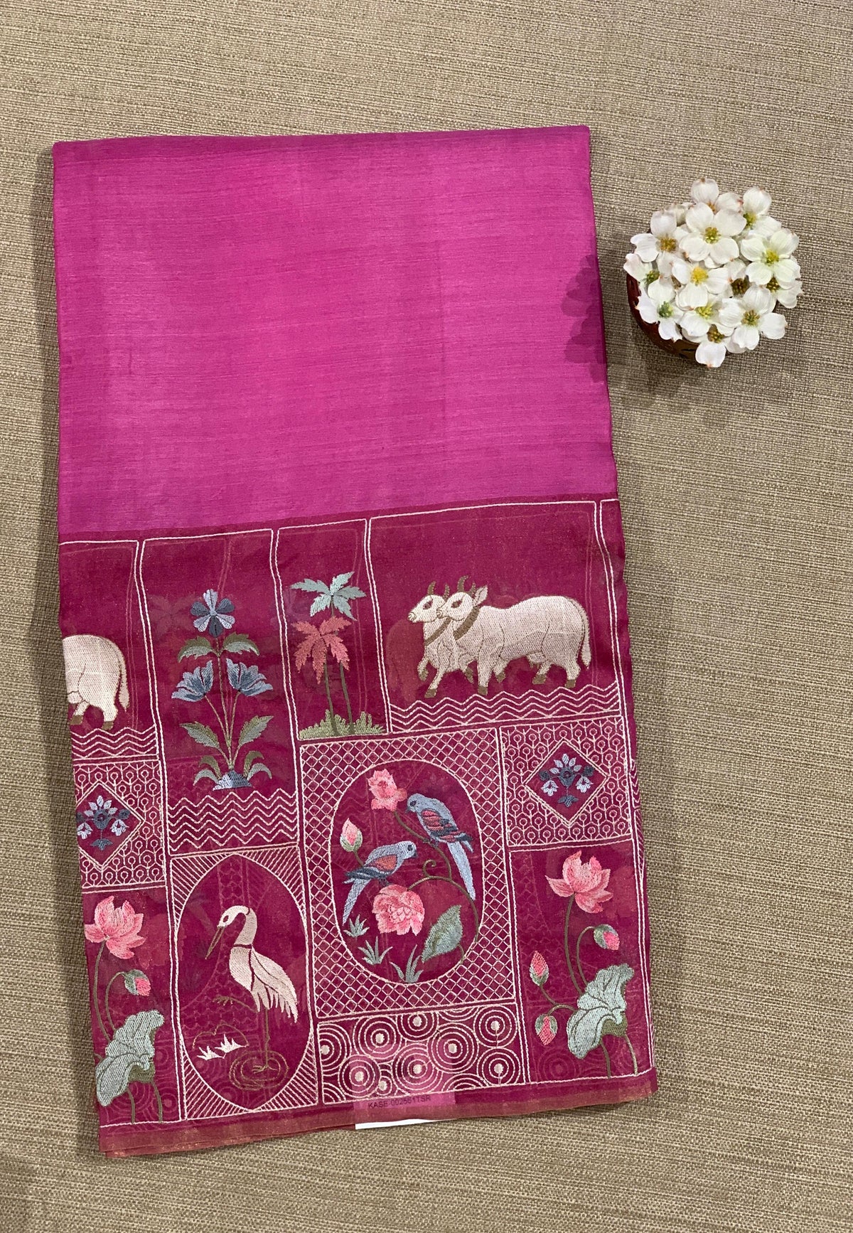 Majenta Pink Kora-Tussar blend Handloom Saree with Tissue embroidered Skirt Border