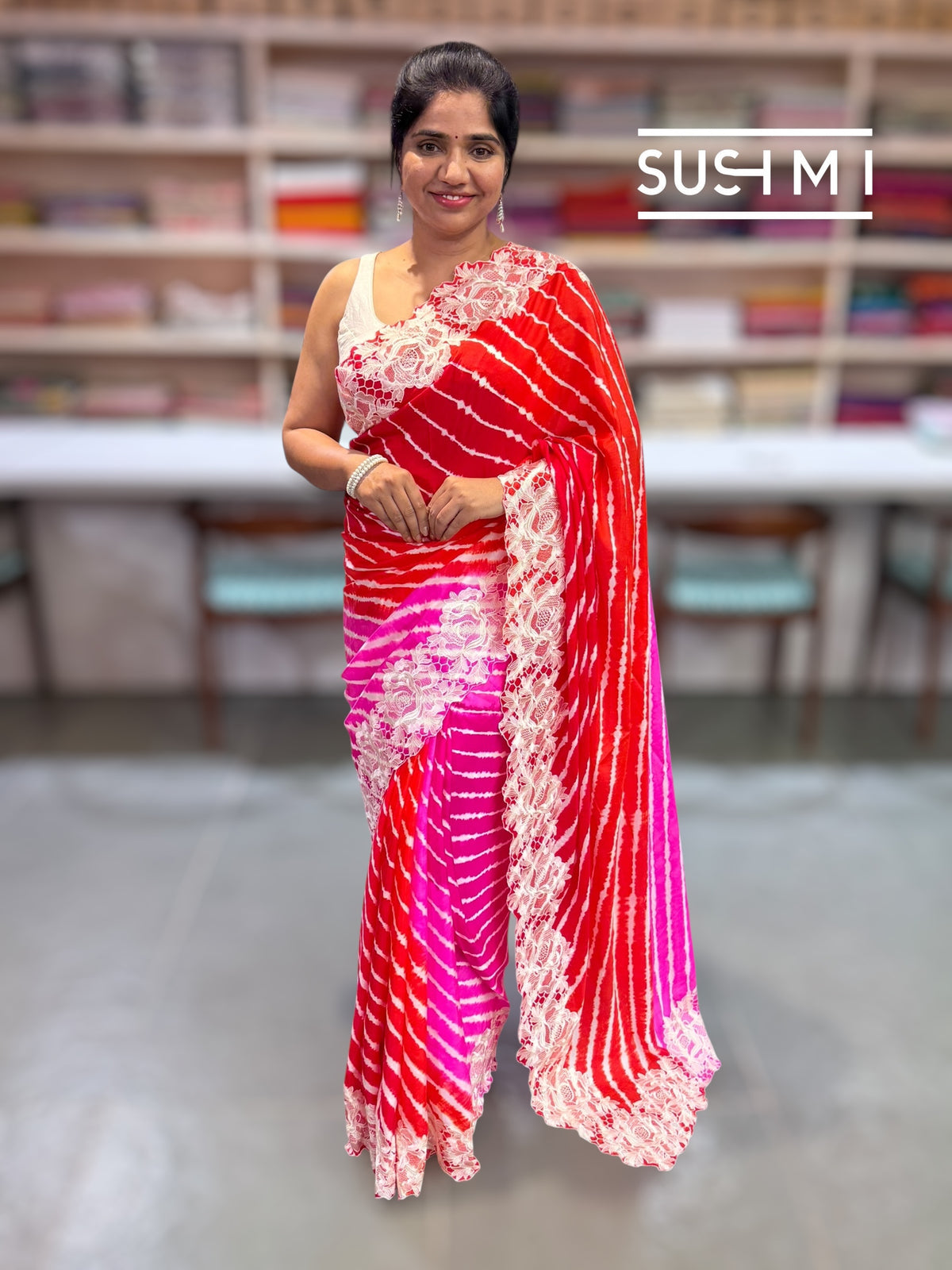 Orange and Pink Ombre dyed habutai satin Silk lehariya Saree S62F063