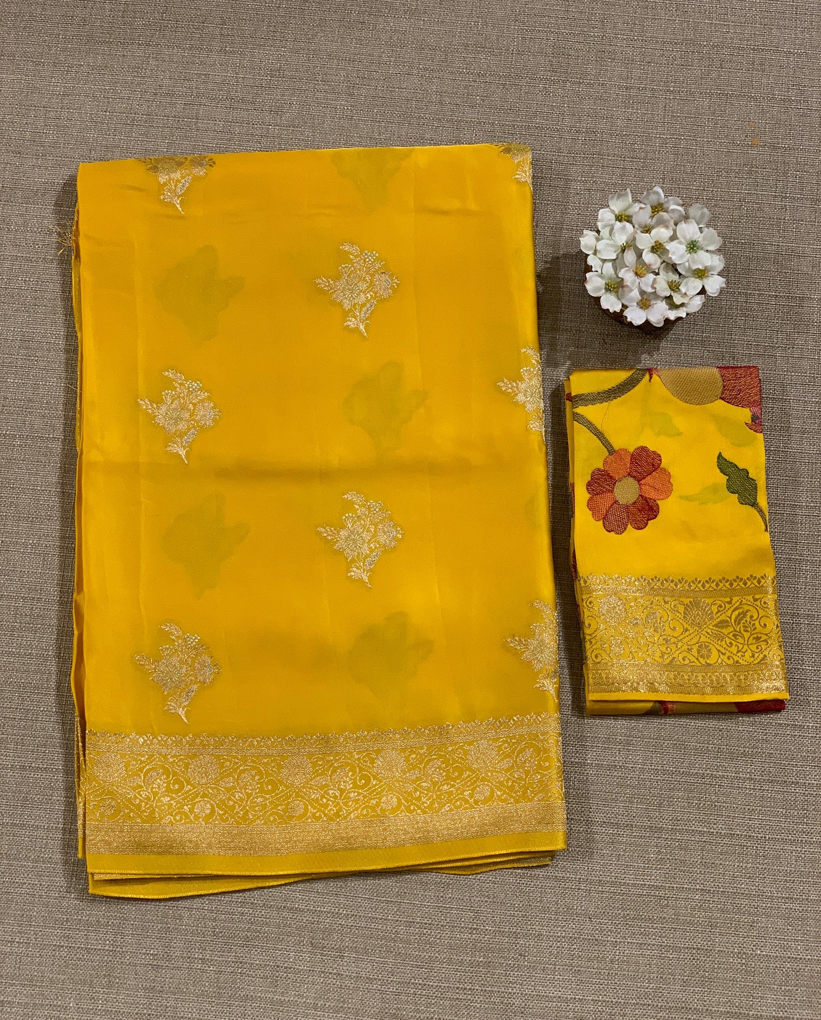 Mango Yellow Mashru Silk Saree with Paithani inspired embroidered blouse
