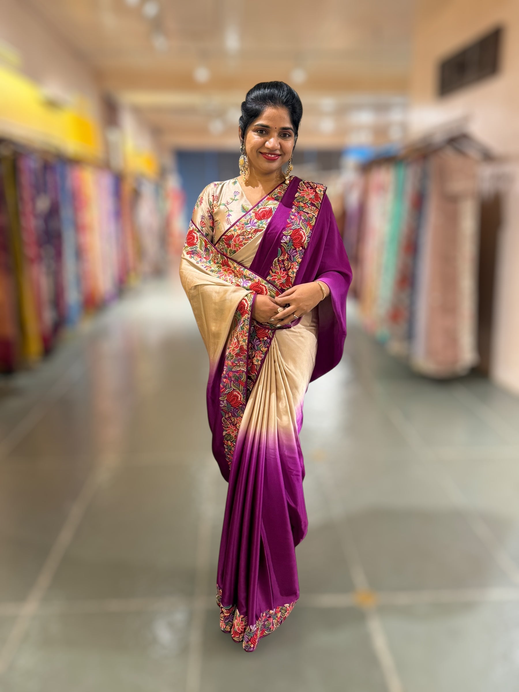 Pure Satin Ombre Dyed Saree with Petite Point Embroidered Border and blouse.