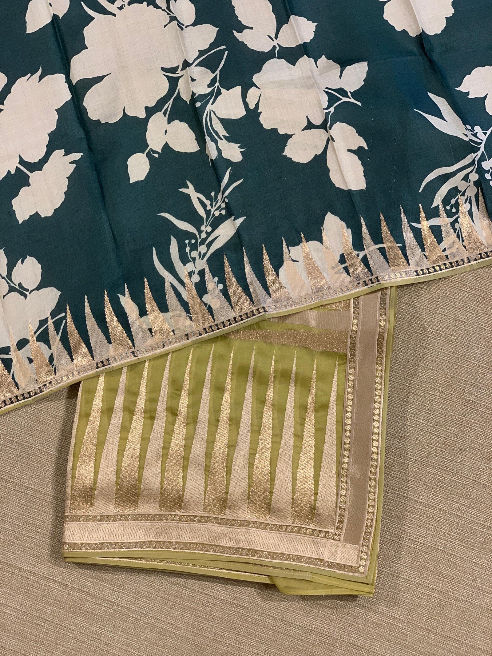 Lime Pure Organza With Temple Embroidered Border & Tussar Printed Blouse