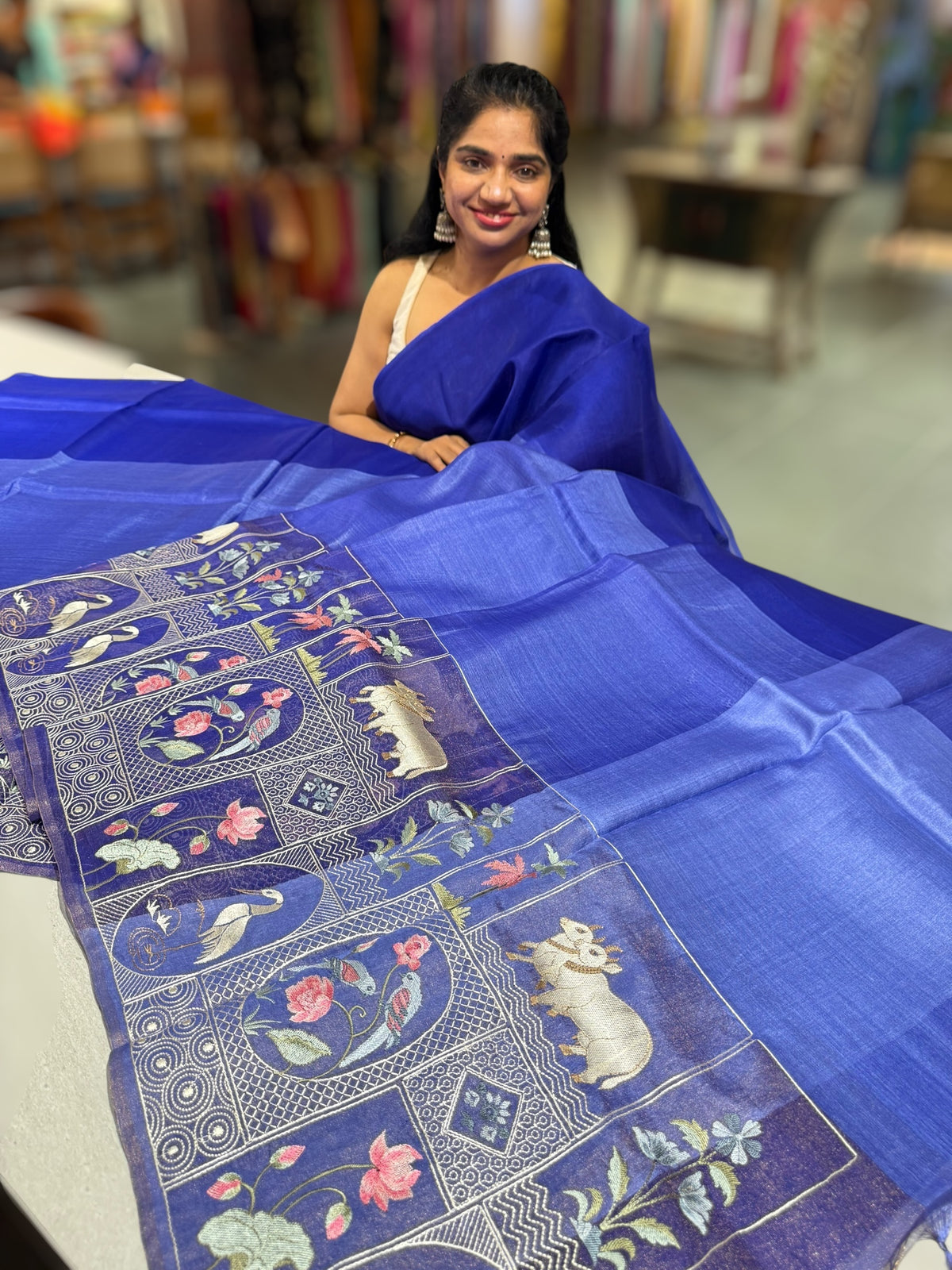 Royal Blue Kora-Tussar blend Handloom Saree with Tissue embroidered Skirt Border
