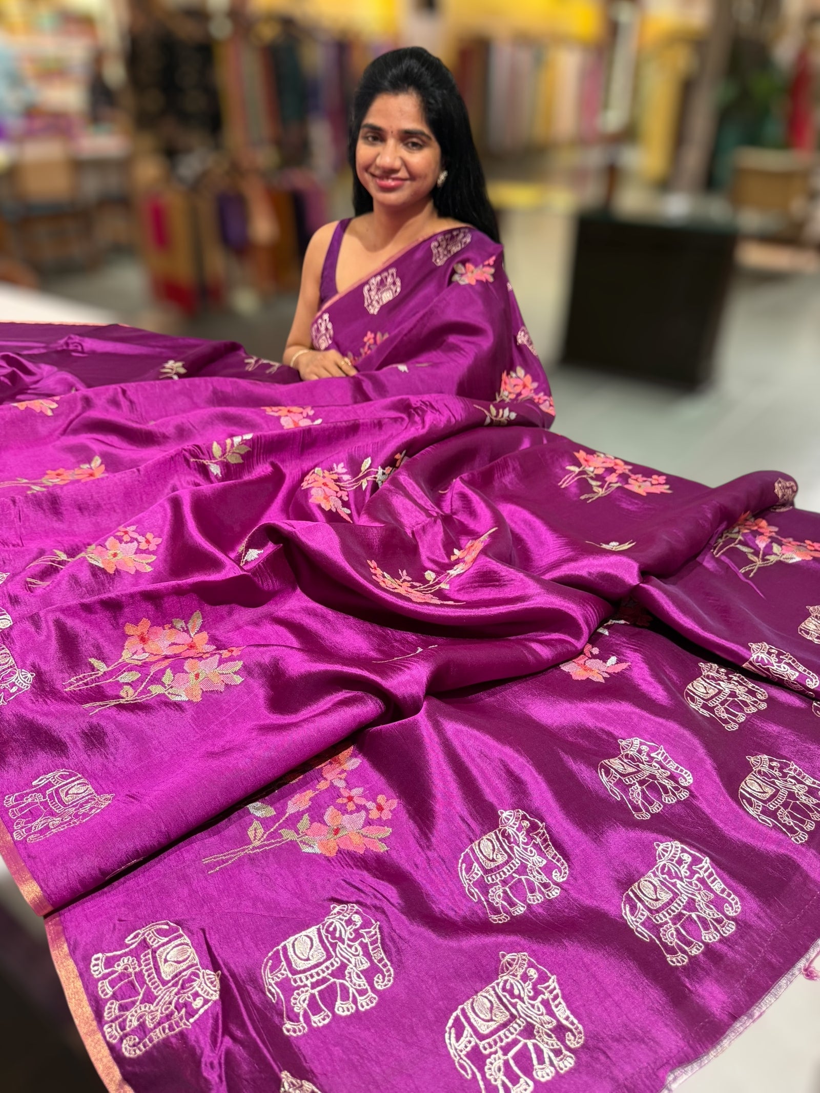 Majenta Banarasi Silk Saree with petite point & Pita embroidery