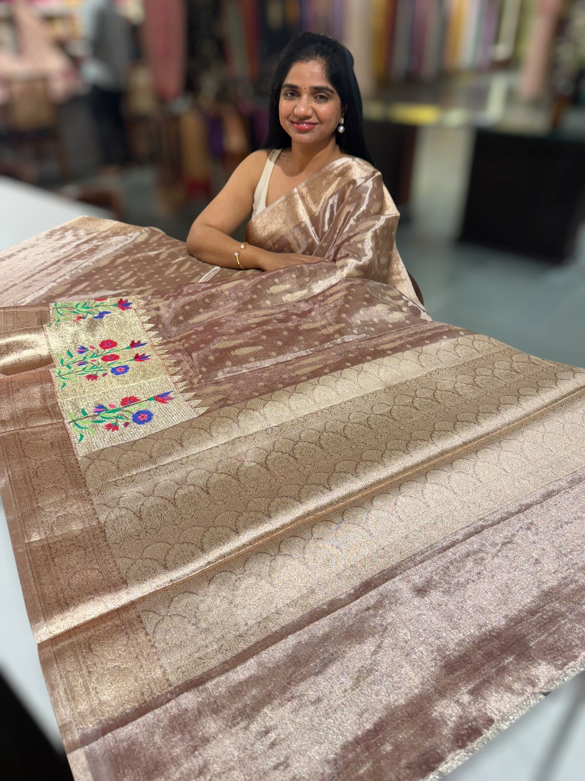 Antique brown banarasi tissue with embroidery