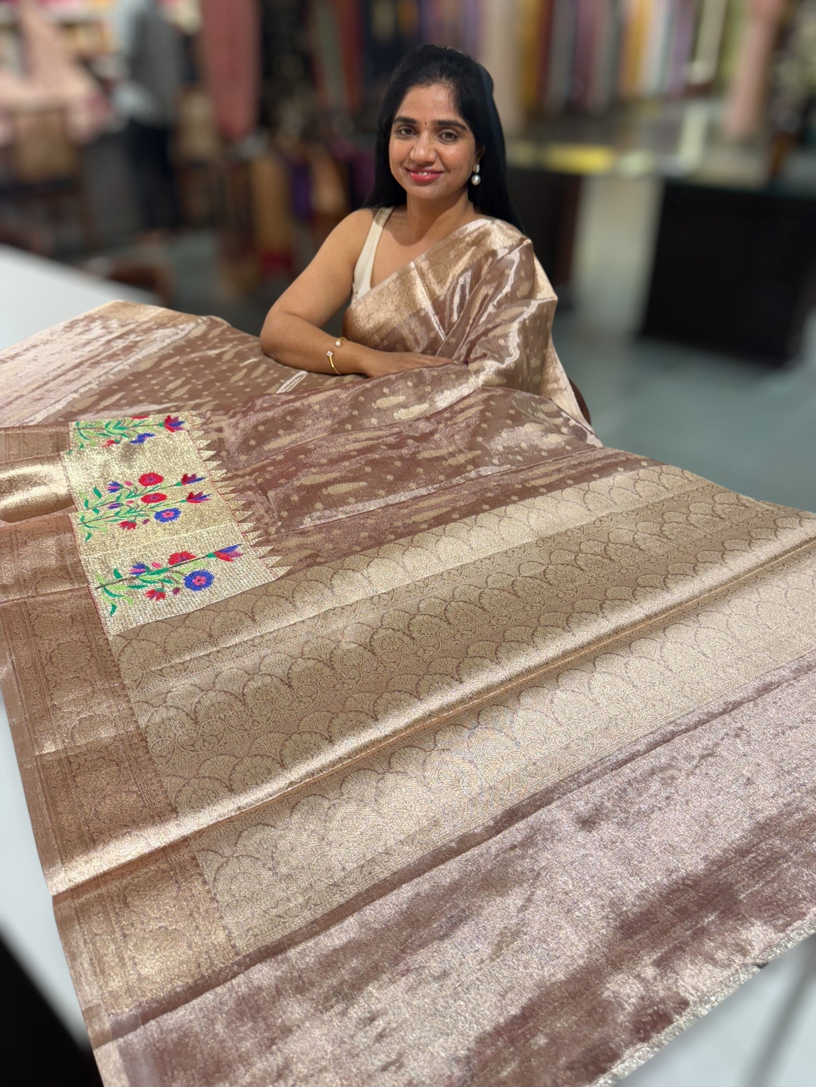 Antique brown banarasi tissue with embroidery