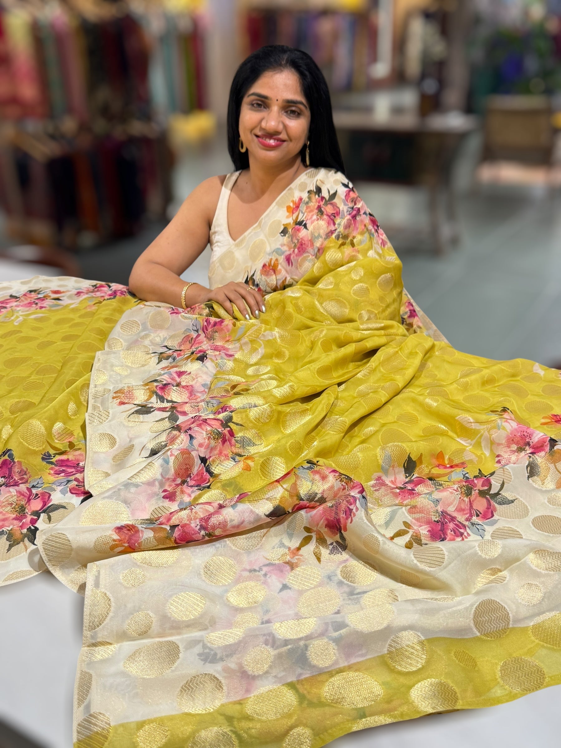 Lemon Green Banarasi Kora Gorgette Polka dot Printed Saree