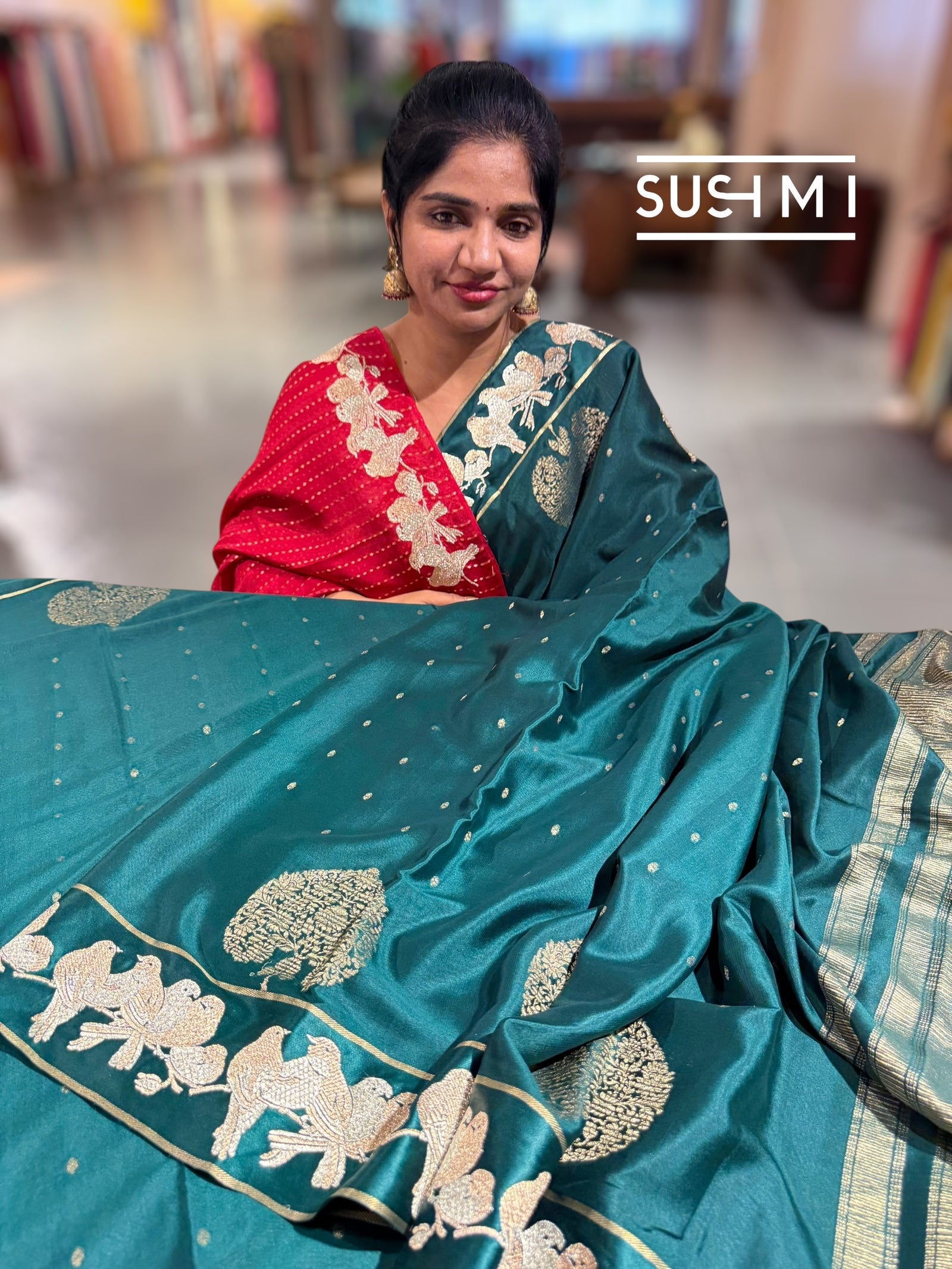 Bottle Green Mysore silk saree with woven motif and embroidered border : D62130