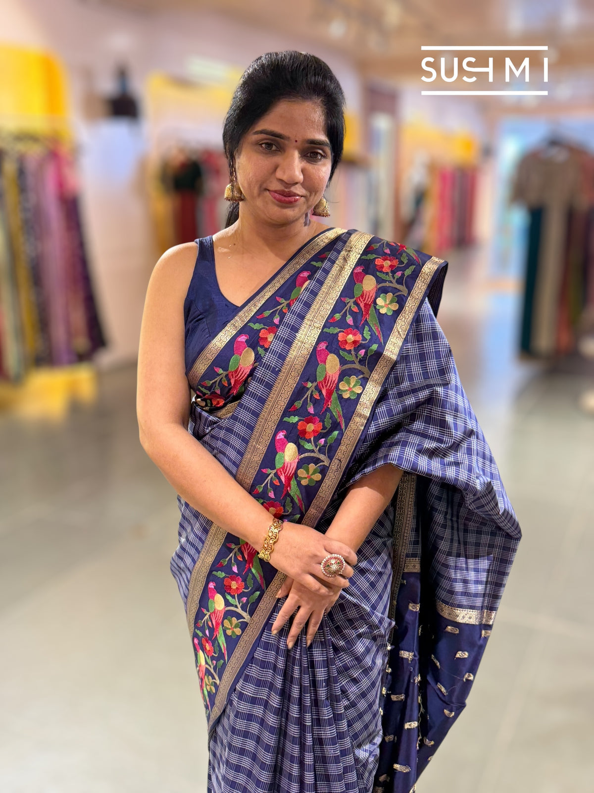 Midnight Blue Vintage checks Kanjeevaram soft silk saree with embroidery D62F040