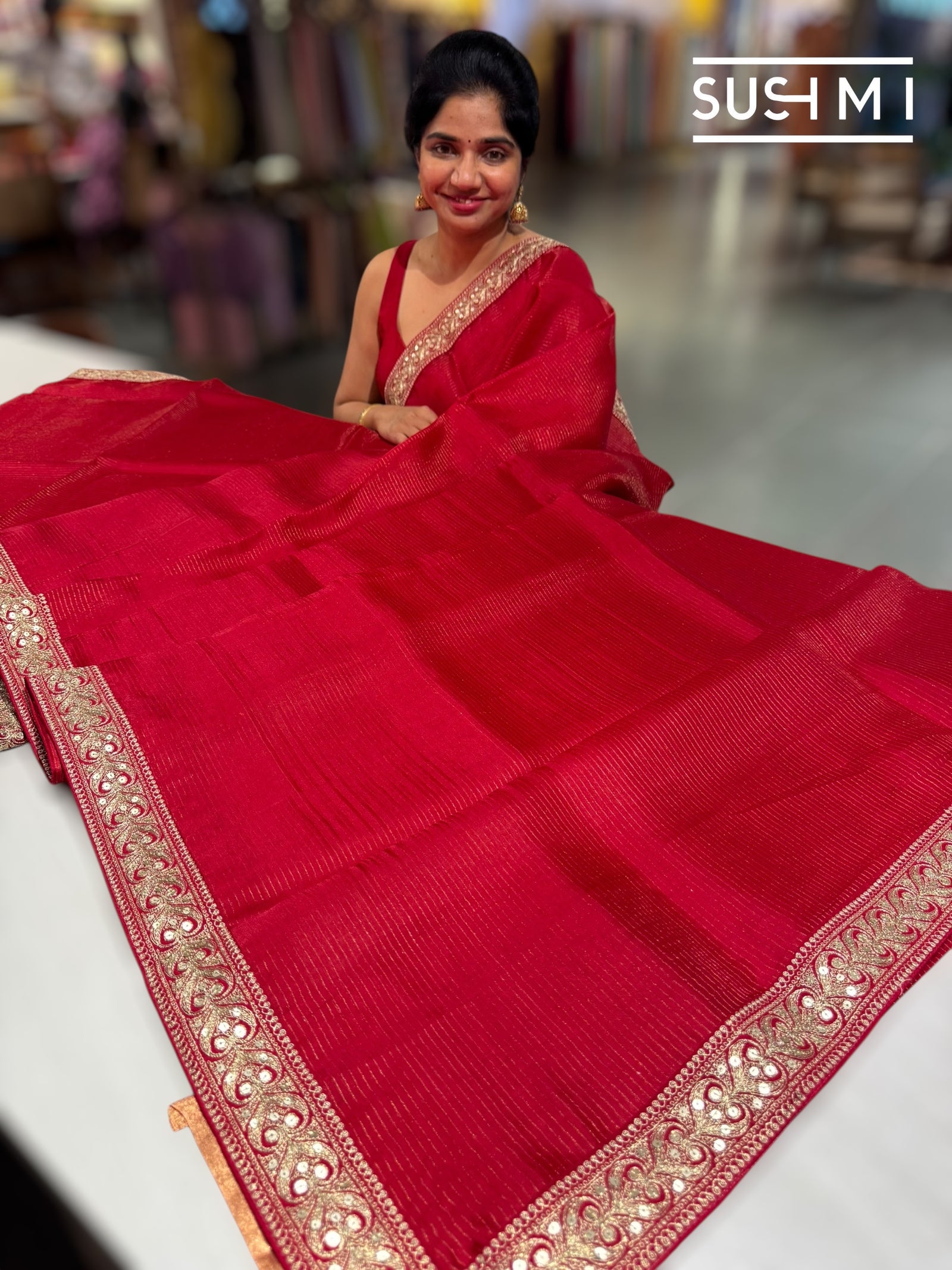 Chilli Red Organza Saree with sabhyasachi borders S62119