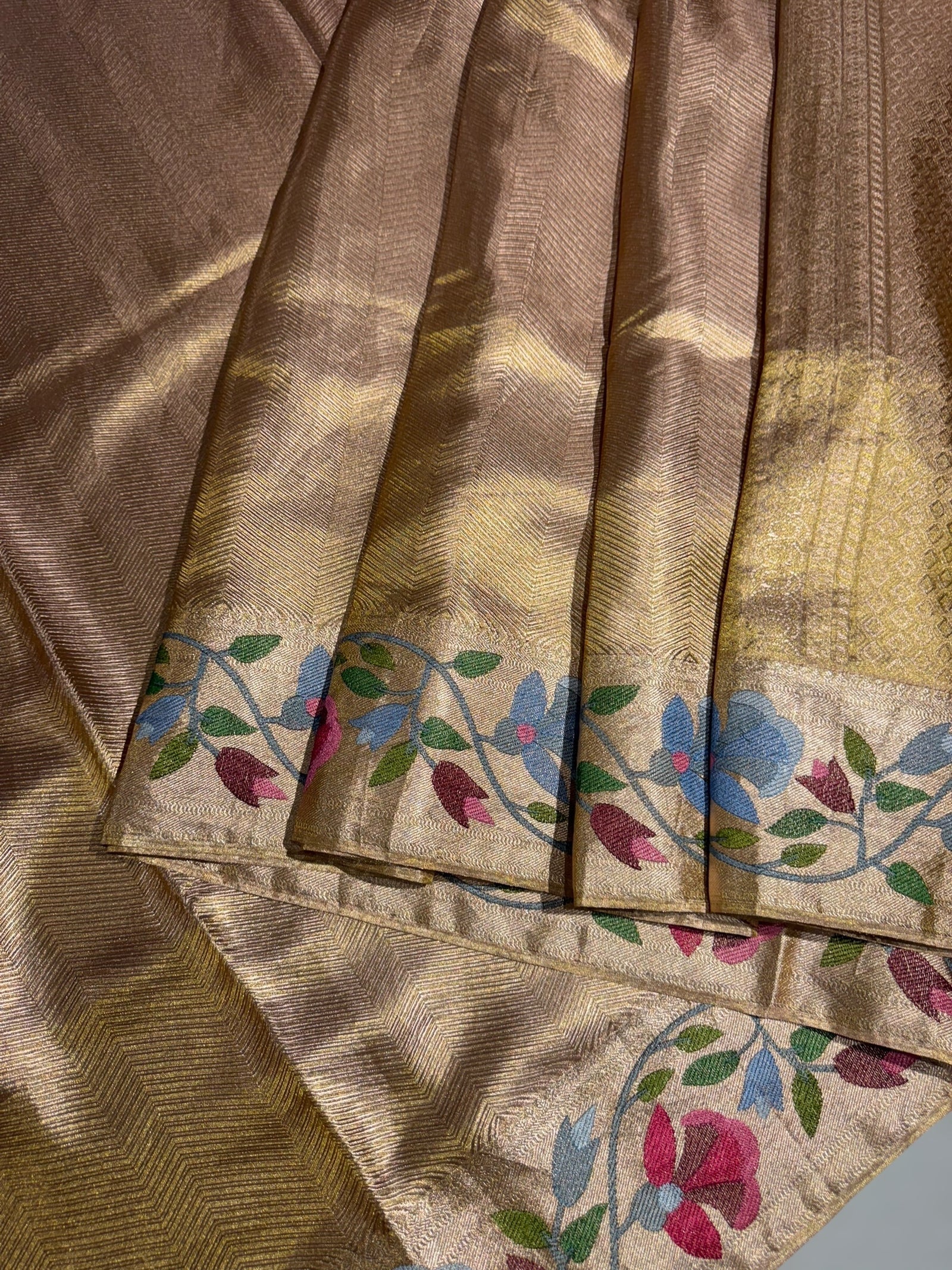 Rose Gold Kanchi Tissue Brocade Saree With jamdani inspired embroidery.