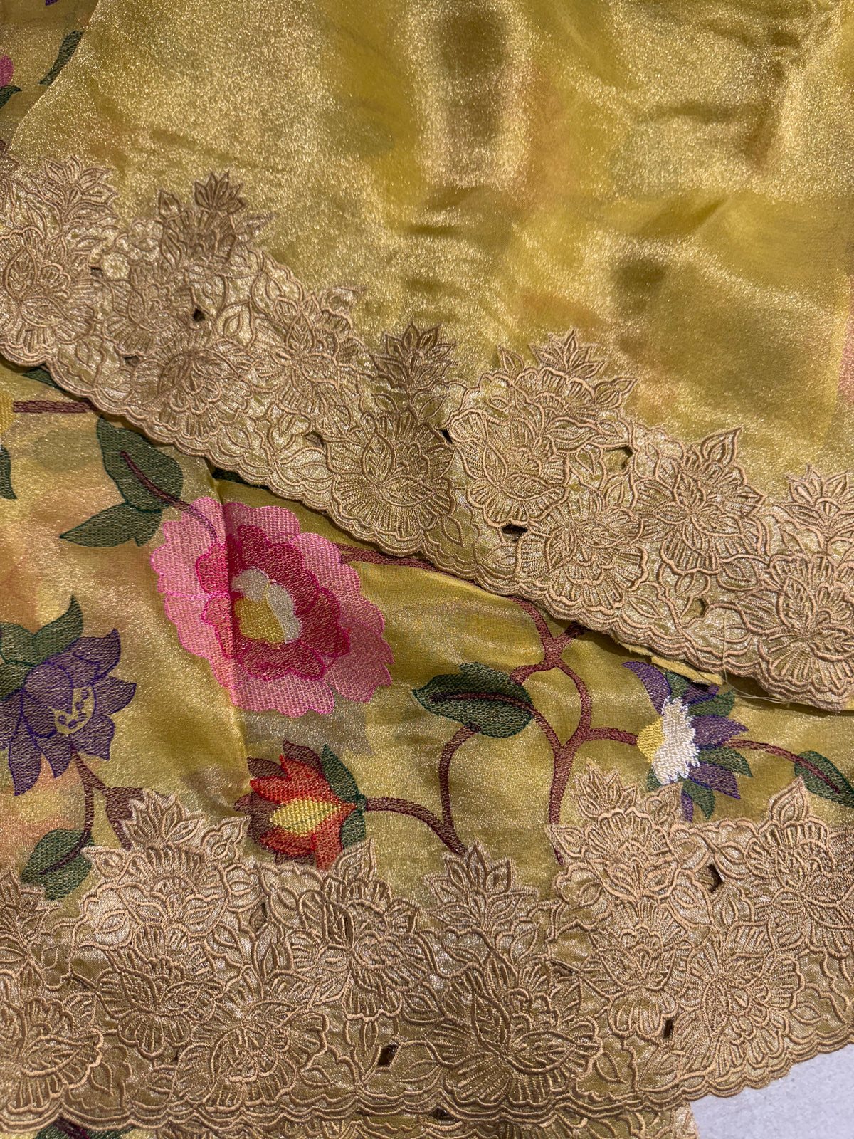 Yellow Tissue georgette with embroidery and cutwork border