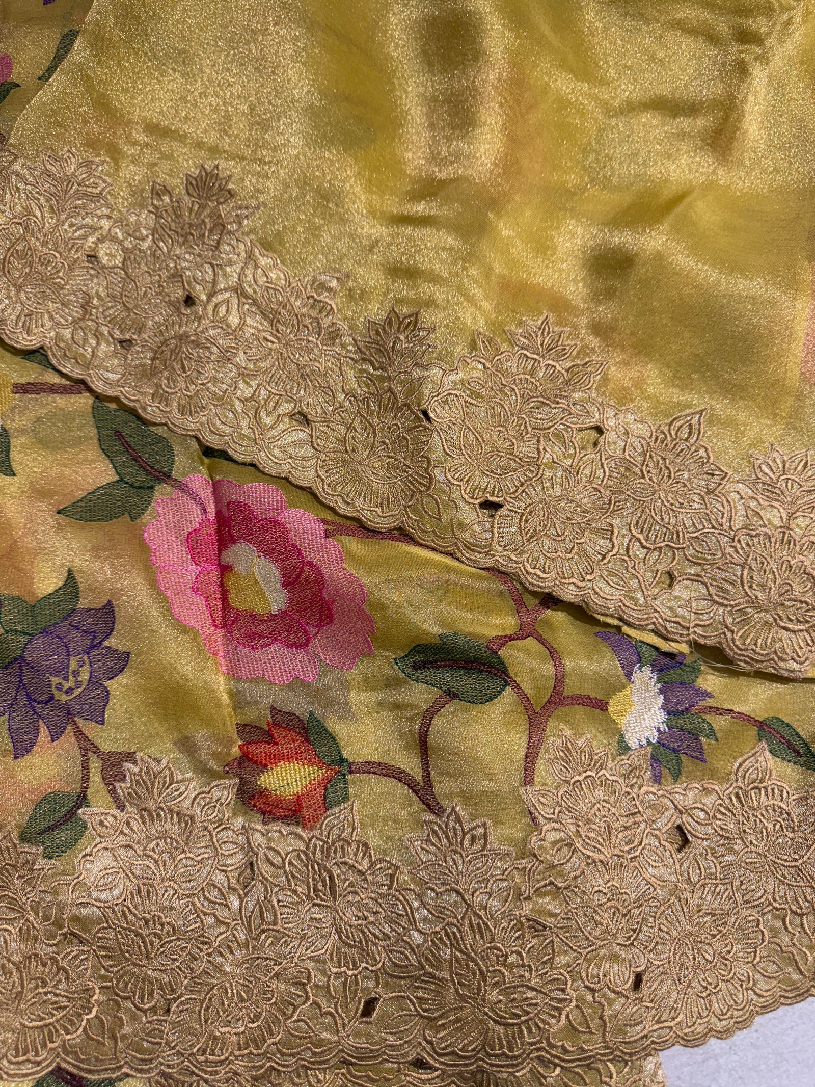 Yellow Tissue georgette with embroidery and cutwork border