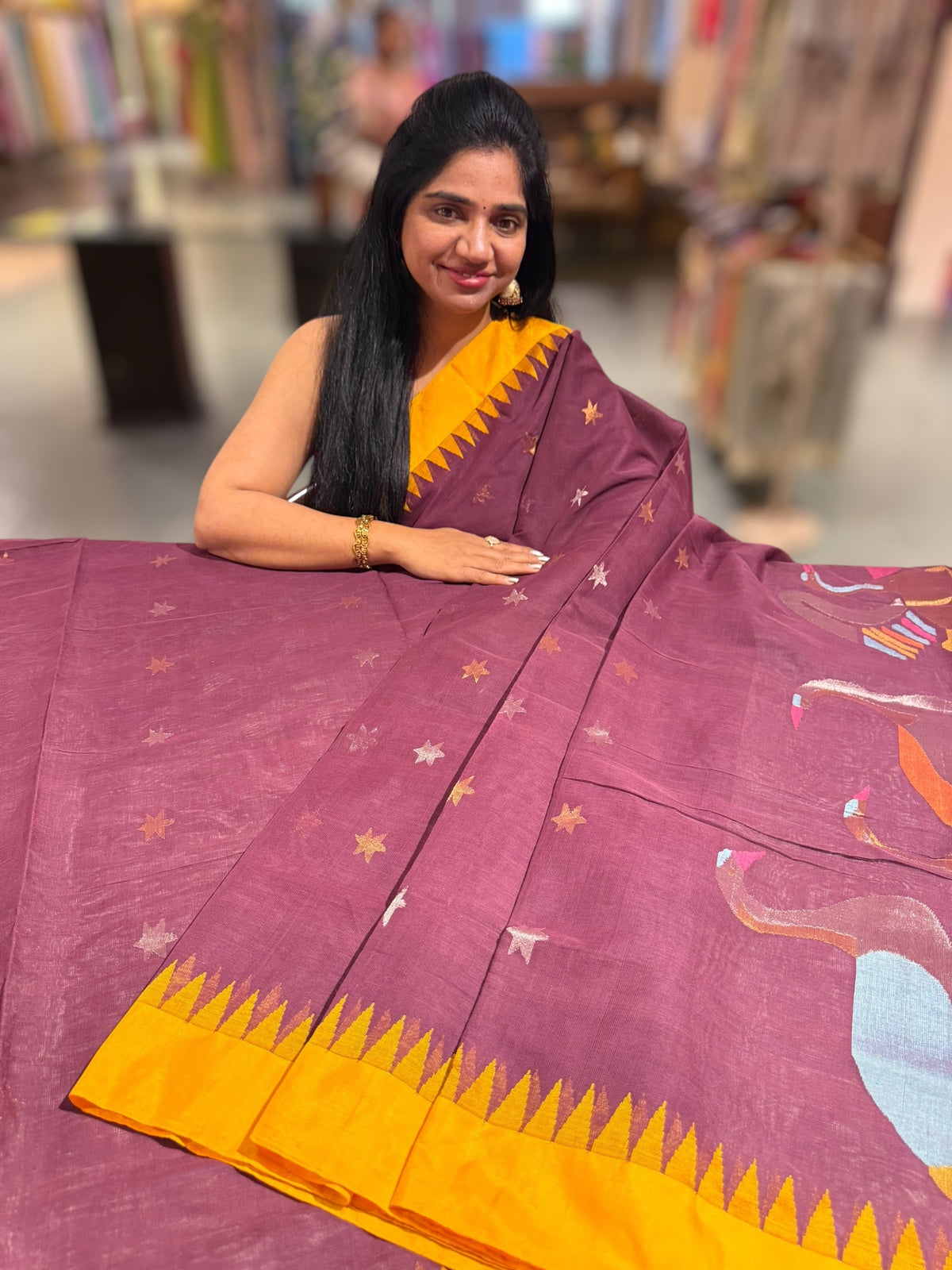 Winish Brown  Pure  handloom Ponduru Khadi jamdani Saree with swan pallu