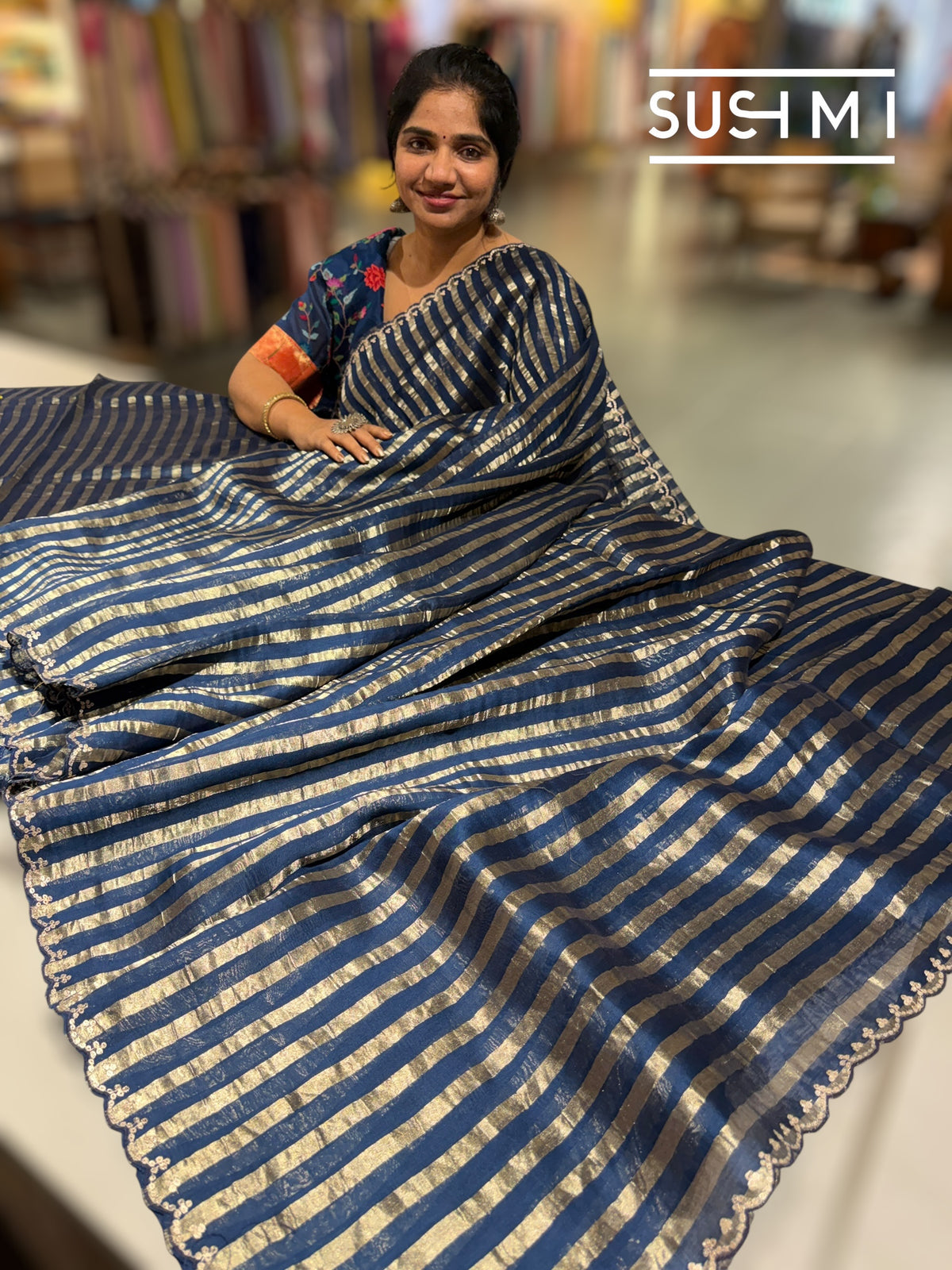 Midnight blue Mul tissue stripes saree with fusion blouse : D62134