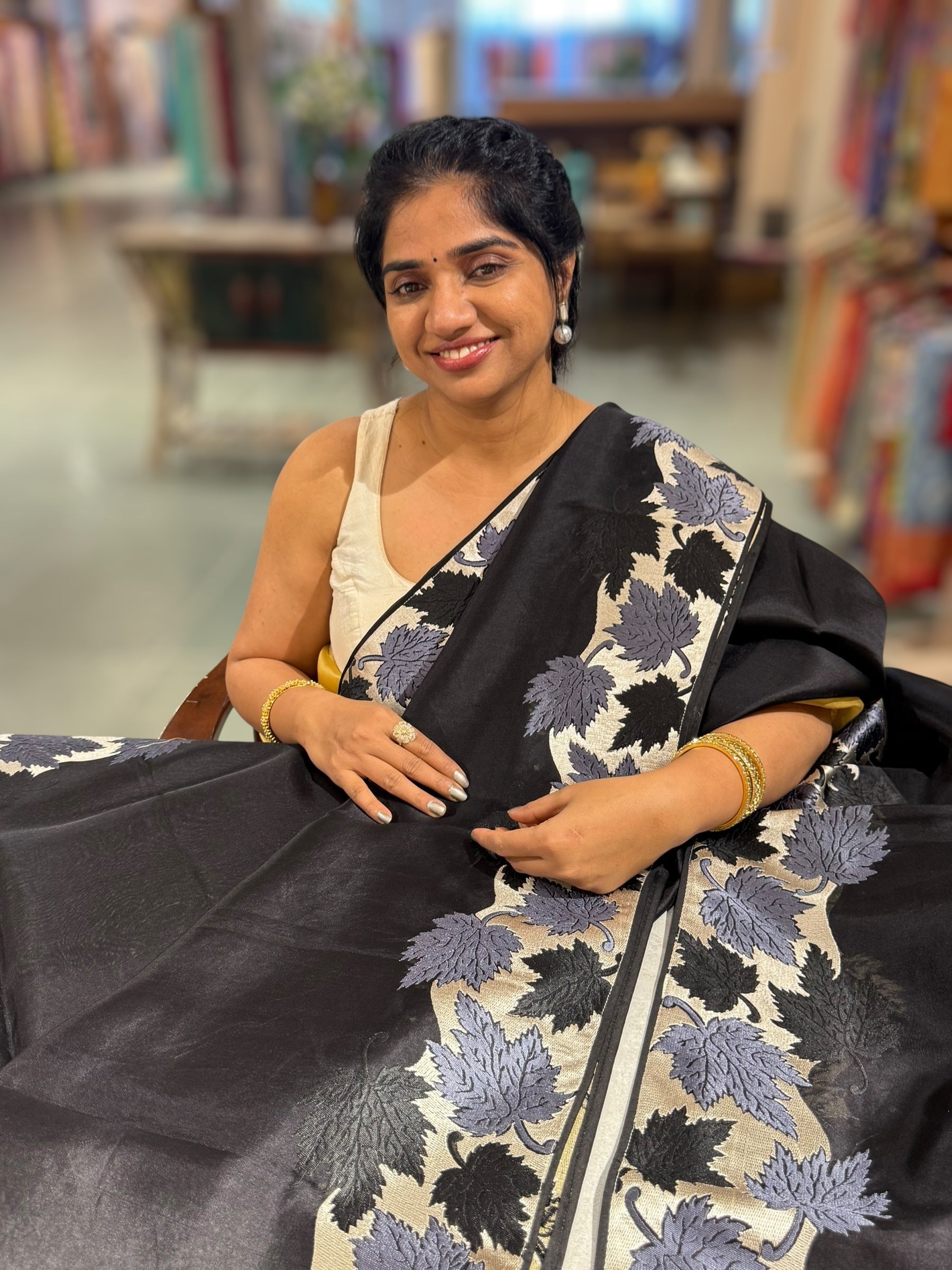 Black Organza Saree with Stunning Leaf Embroidered Border