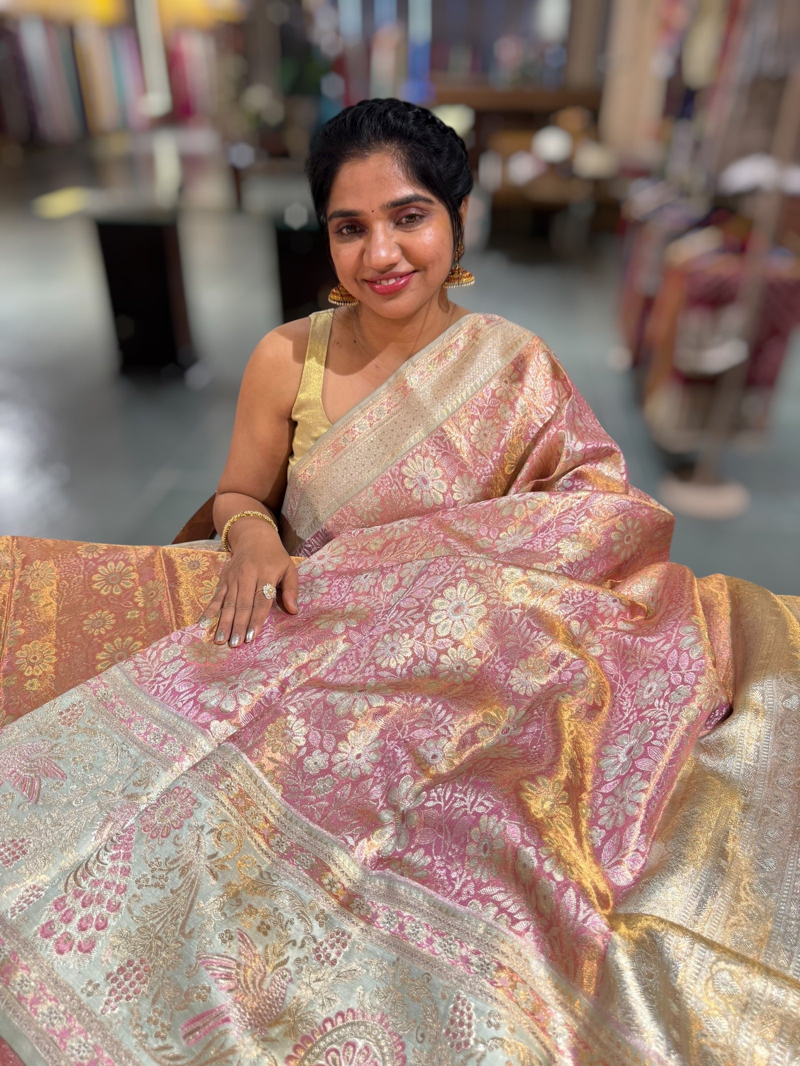 Pastel Pink & Mint Blue Kanjeevaram Tissue meenakari saree