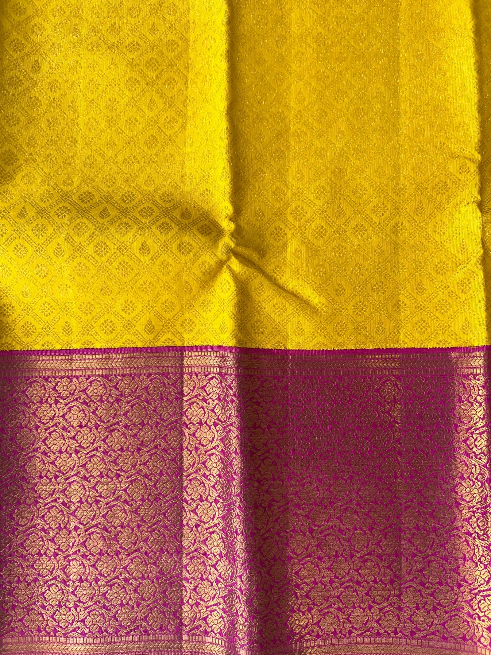 Yellow and Rani Pink Combo kanchi brocade designer kuttu border saree