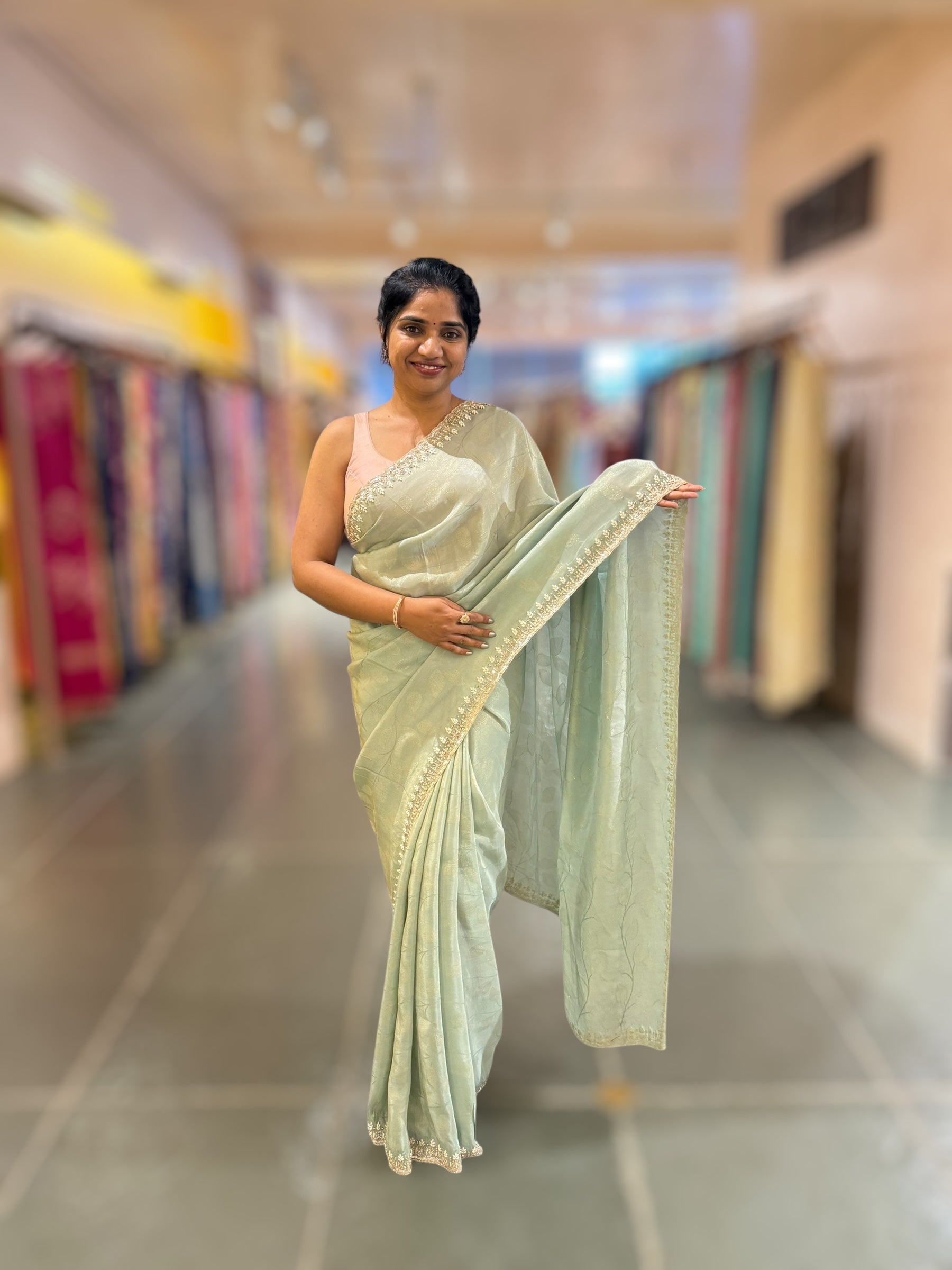 Pastel Blue Tissue Gorgette Saree With Hanwork Border and Blouse.