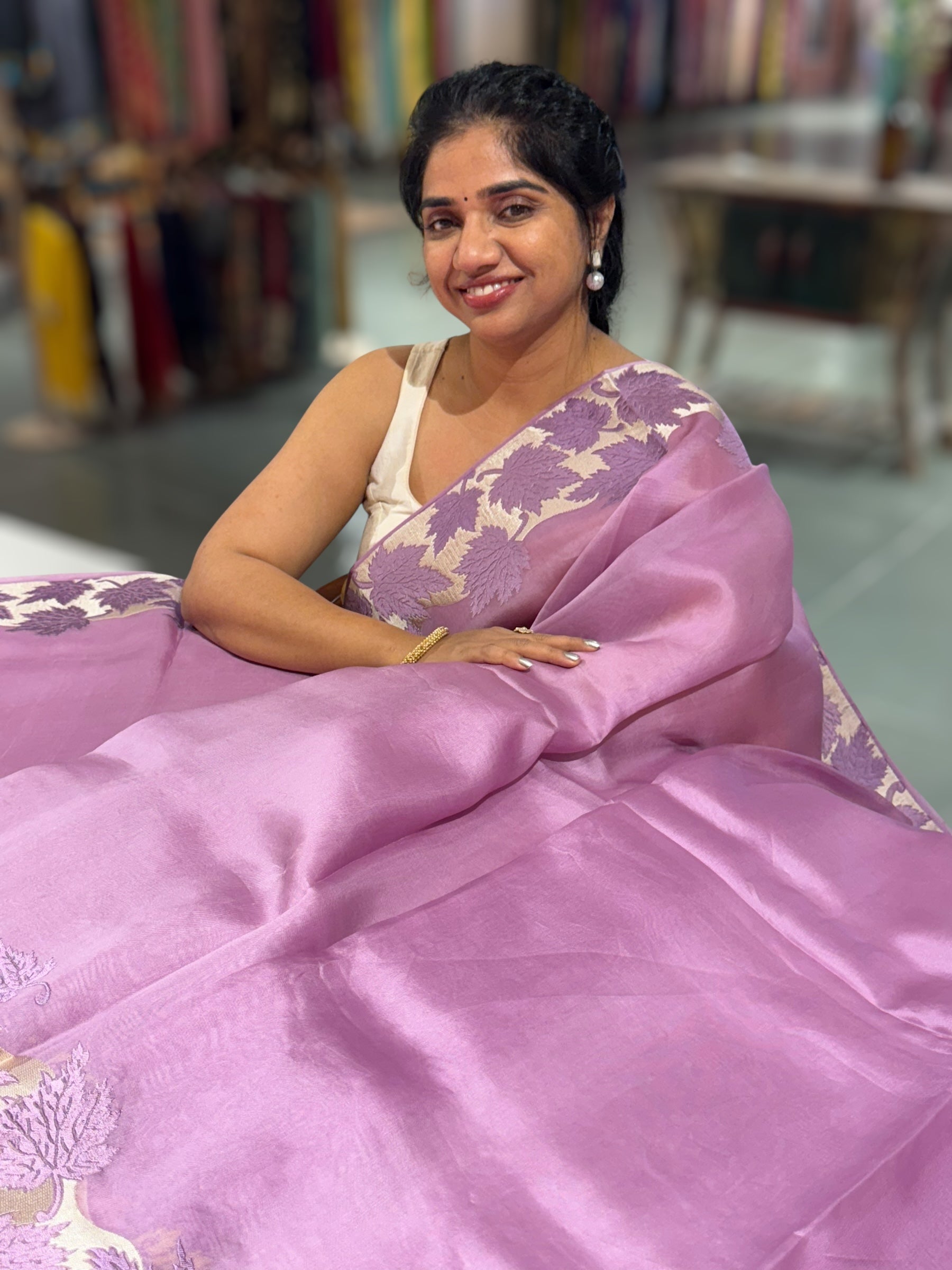 Lilac Organza Saree with Stunning Leaf Embroidered Border