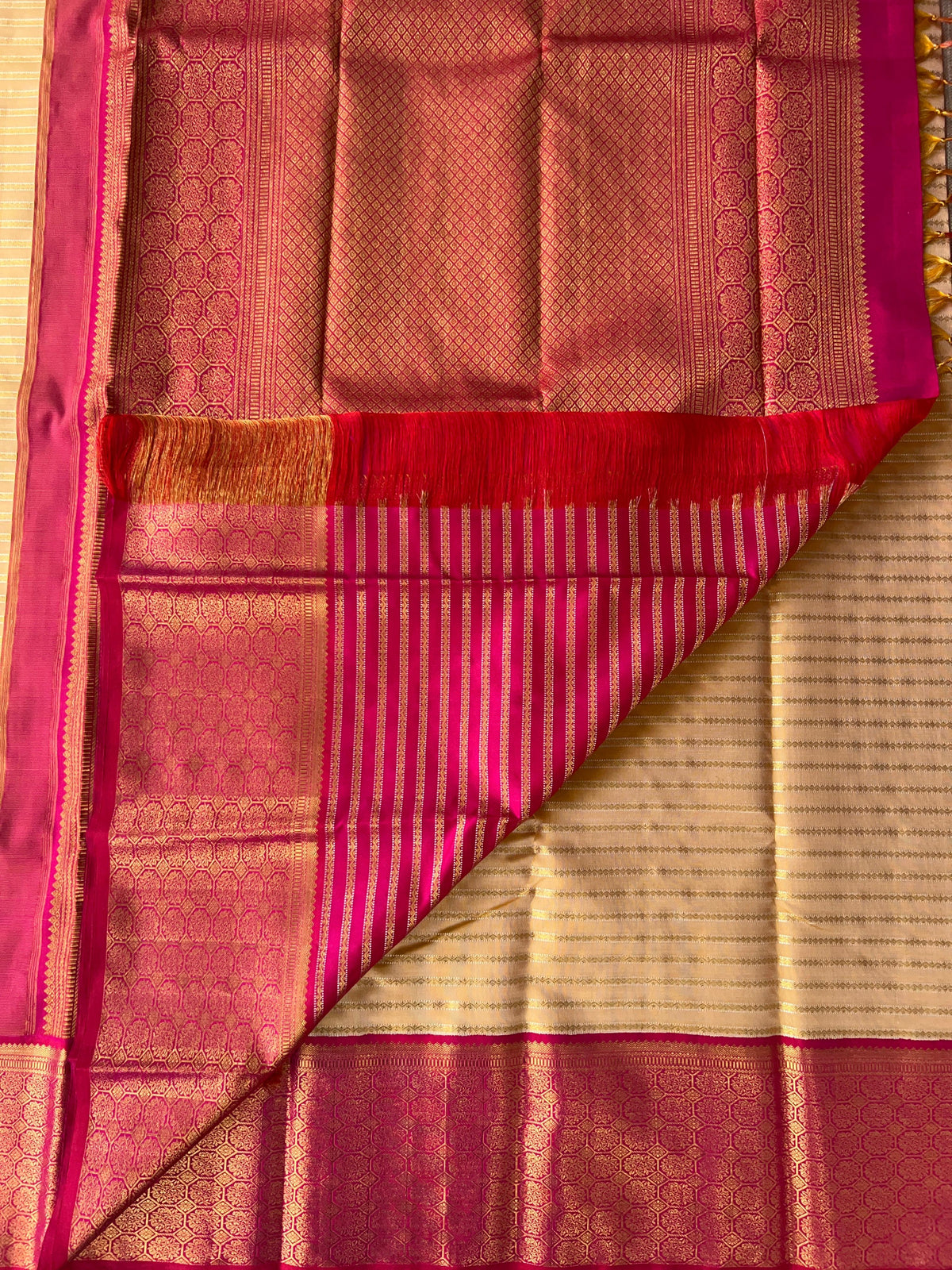 Beige  and Reddish Pink Combo kanchi  kuttu border saree with horizontal stripes