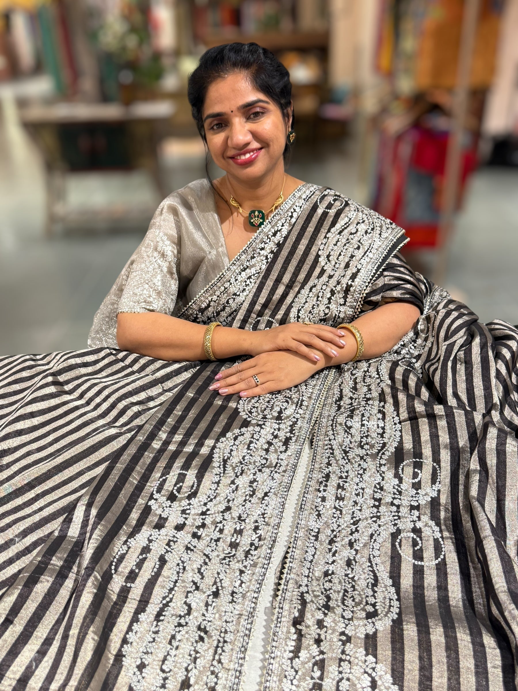 Black & Silver Combo Chanderi tissue Saree with heavy Pita embroidered Border