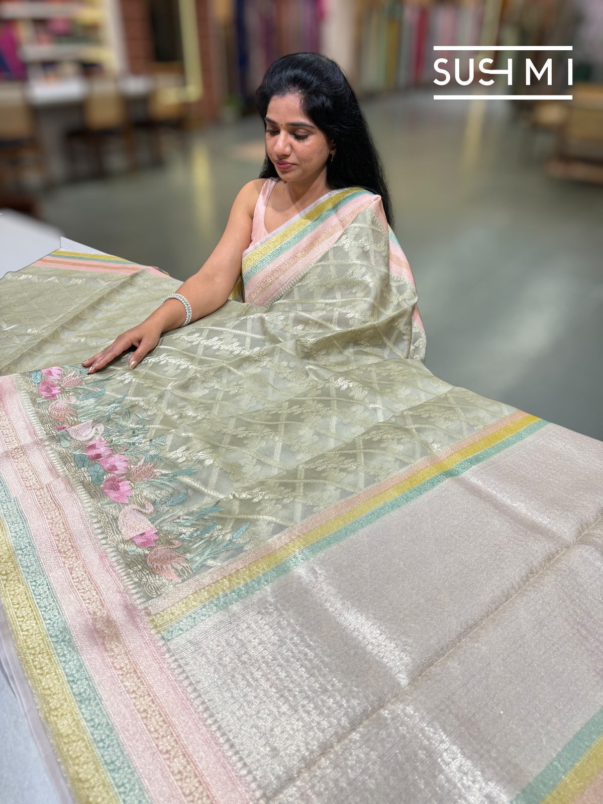Pista Designer Kora Banarasi Saree: S62F230