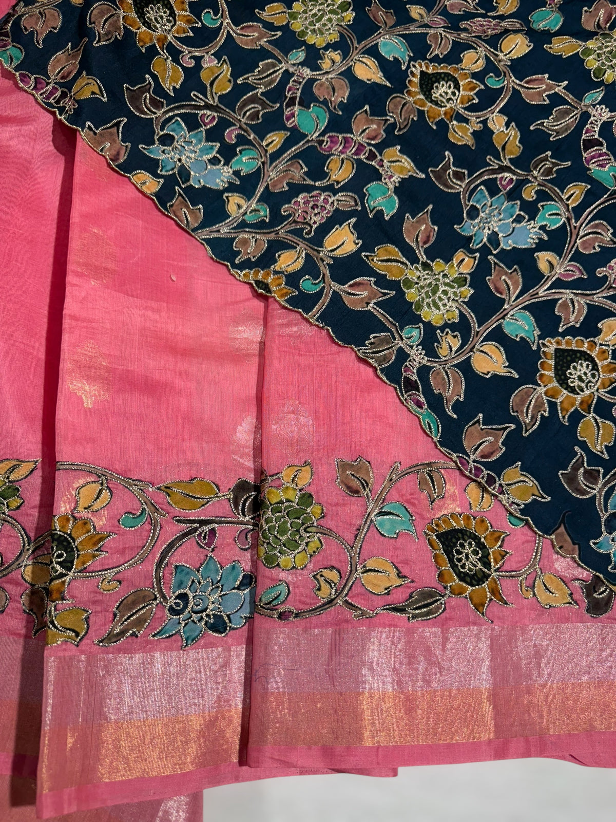 Peach Pink chanderi silk cotton saree with kalamkari applique border
