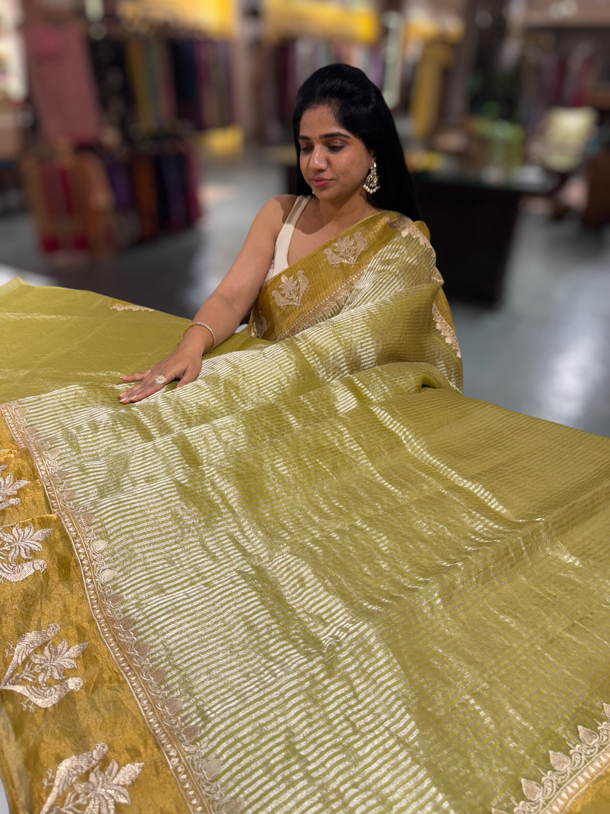 Lime Green Kora tissue stripes Saree with embroidery