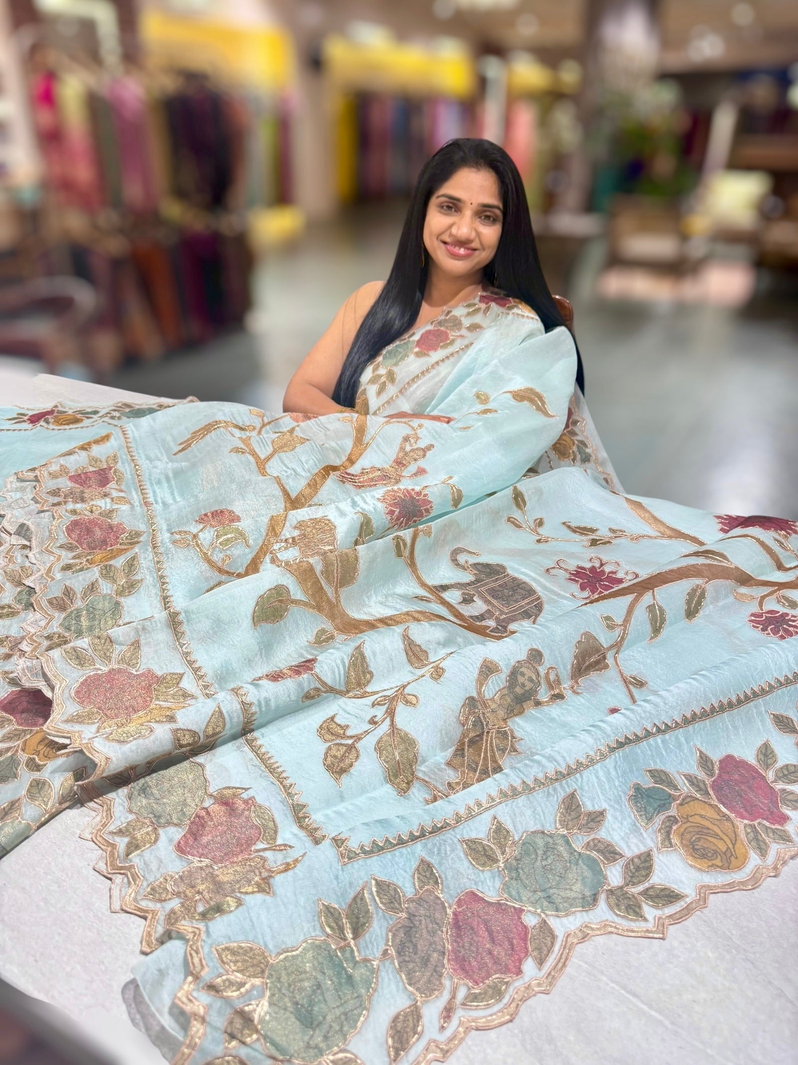 Pastel Blue Pure Organza Applique Work Saree