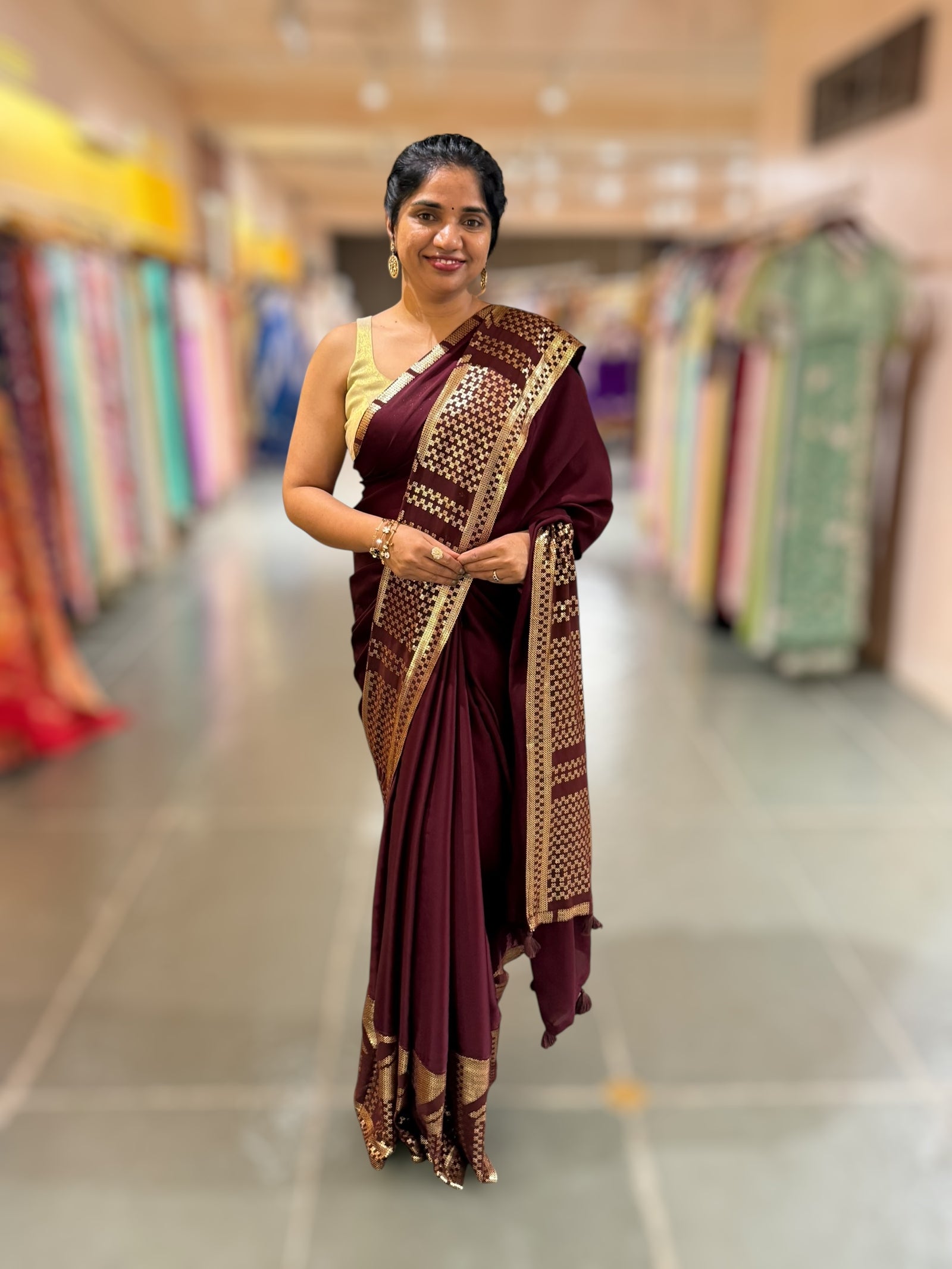 Burgundy Pure Satin Saree with designer sequence border and blouse