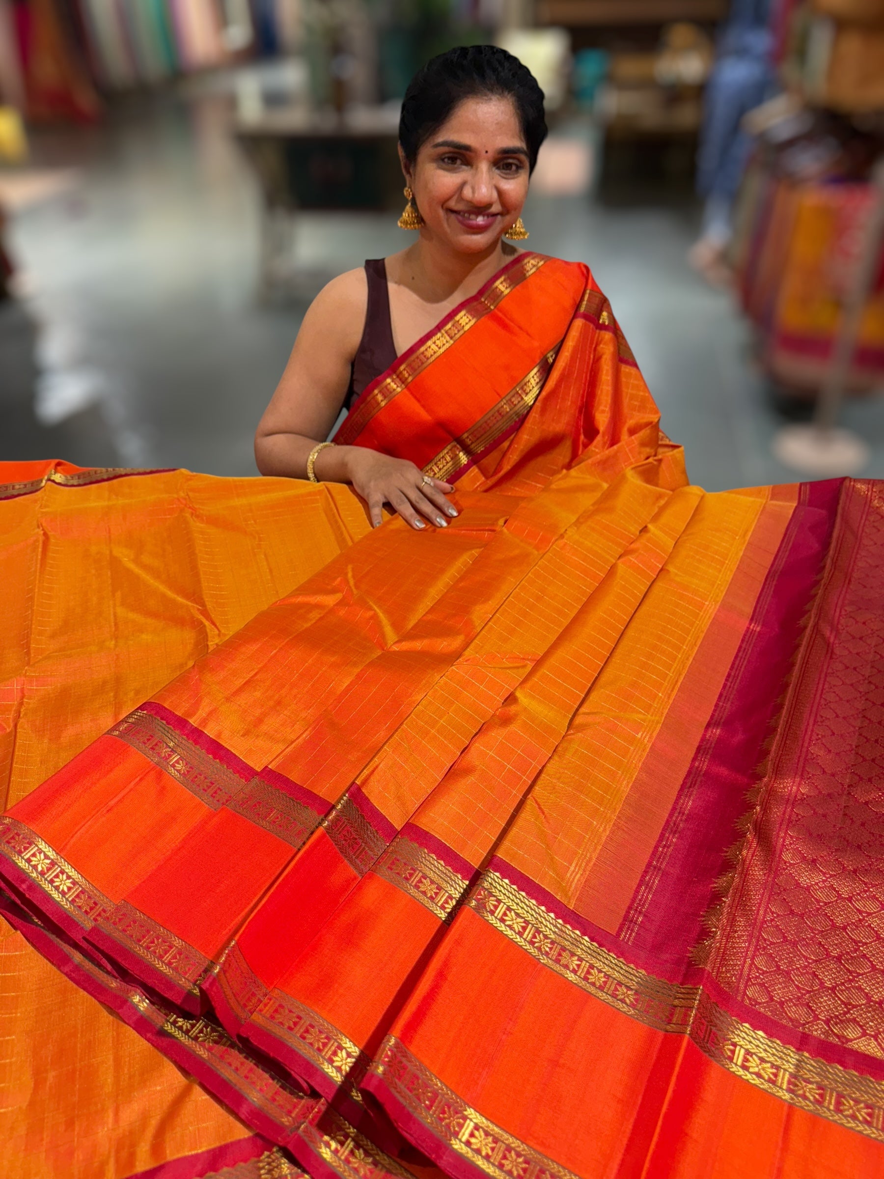 Orangish Mustard Dual Tone Kanchi vintage checks saree with Gap Border