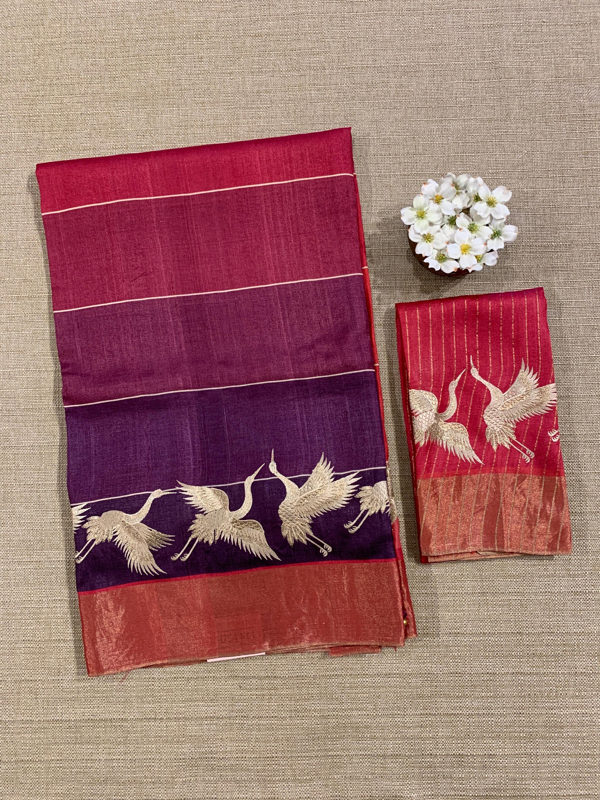 Tussar Rangkaat Saree With Crane Bird  Embroidered Border