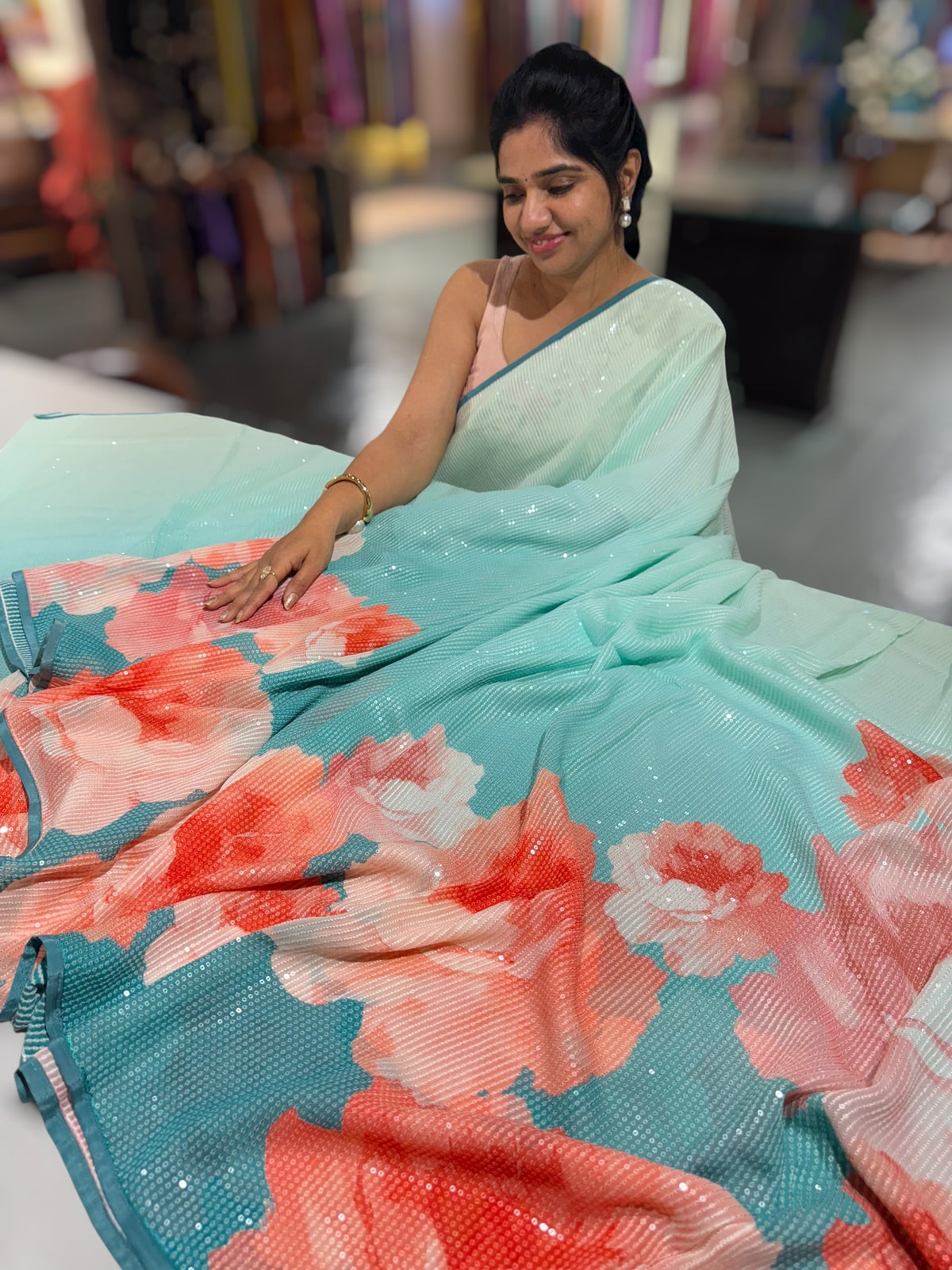 Pink & Blue shaded Georgette sequence Sarees with statement Floral print