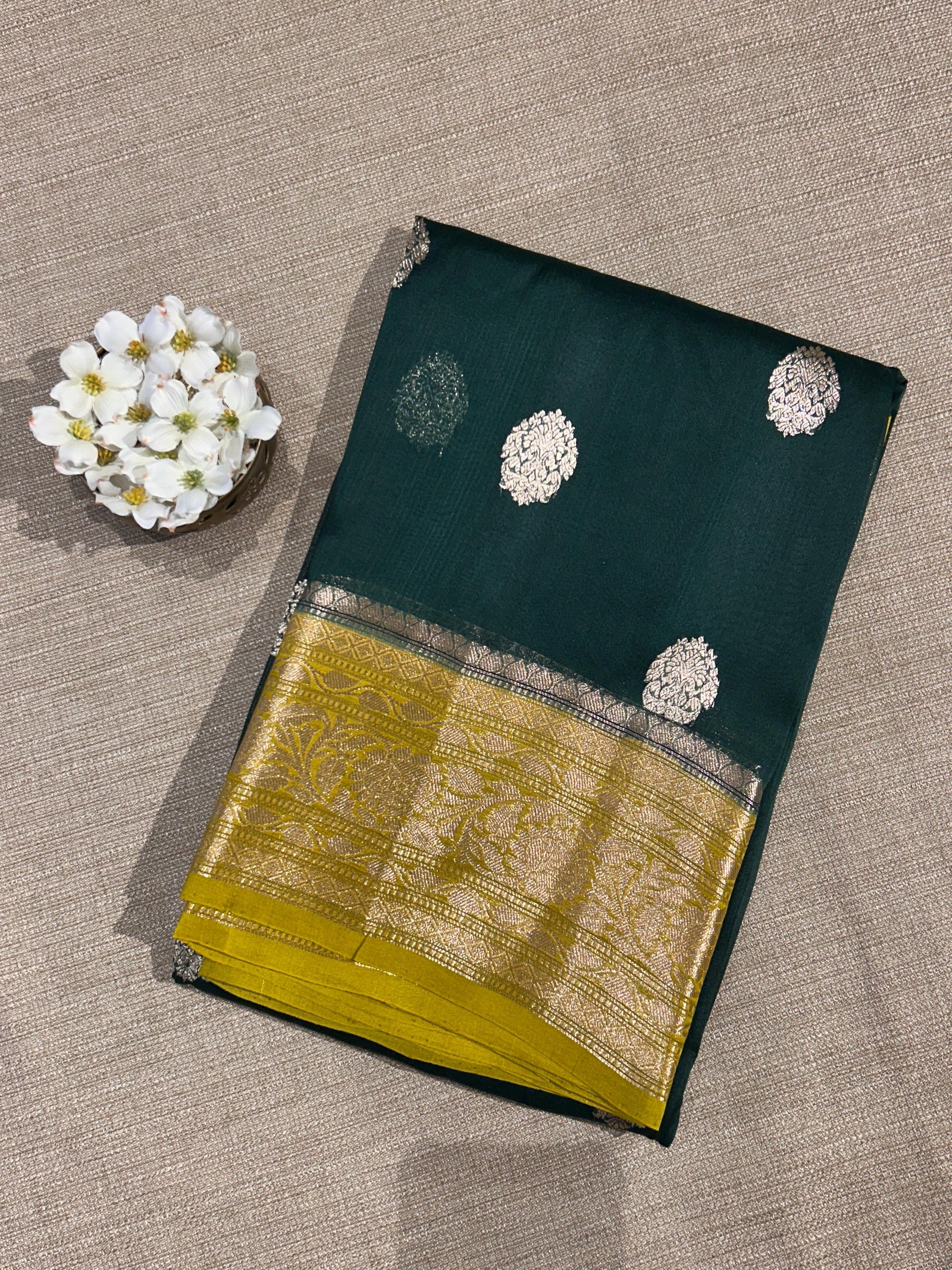 Bottle Green & Moong dal green combo Pure Handloom premium Kora Banarasi Saree