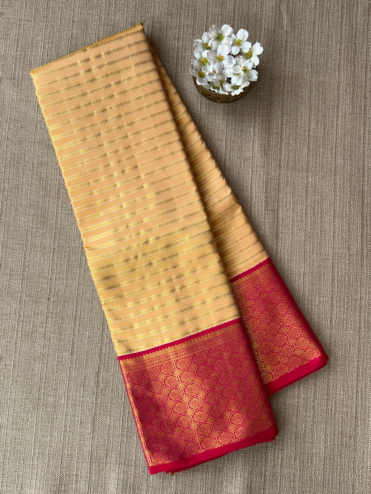 Beige  and Reddish Pink Combo kanchi  kuttu border saree with horizontal stripes