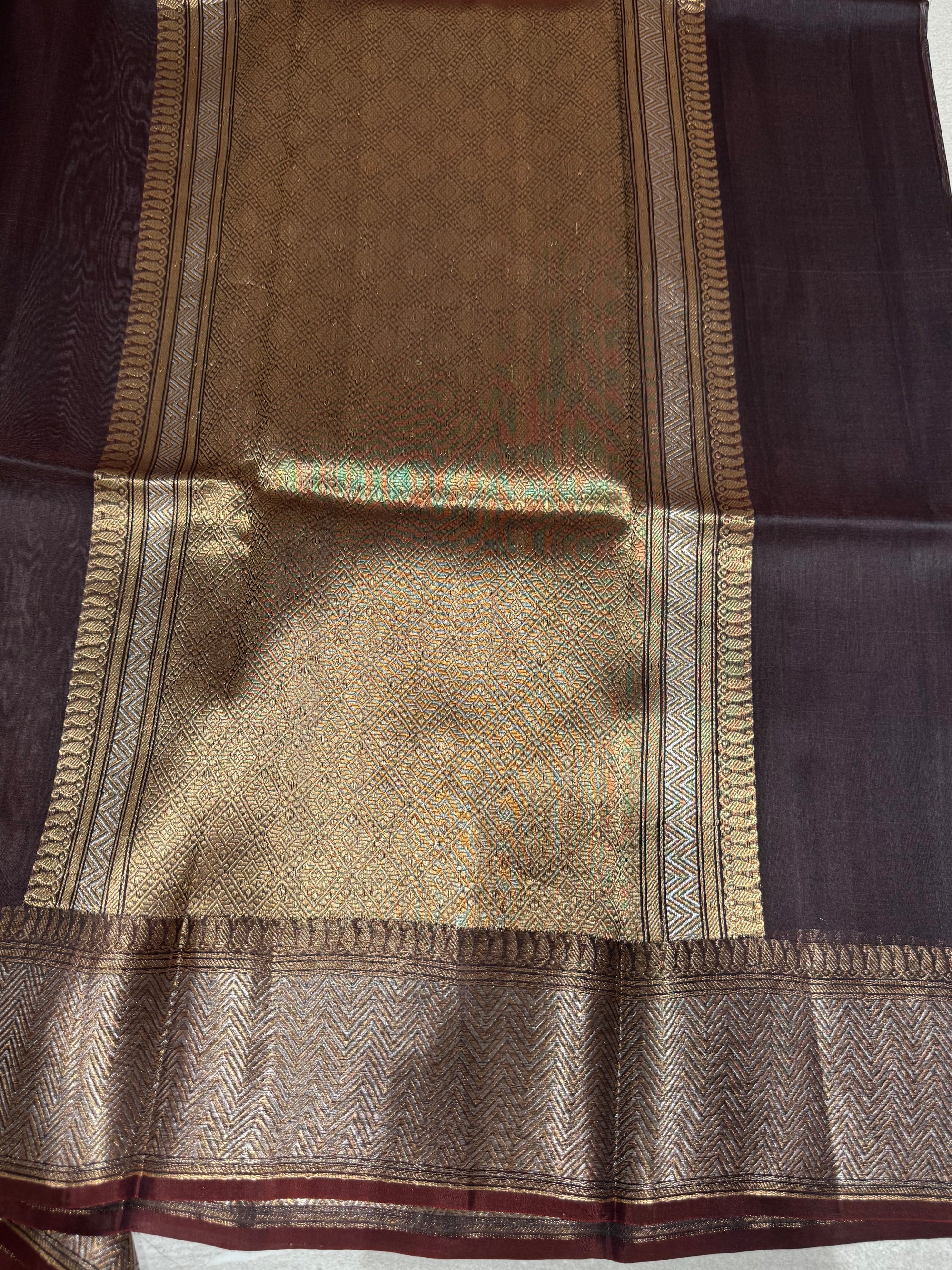Dark Choclate Premium Kora Banarasi Saree with heavy weaving borders and Raw mango style motifs
