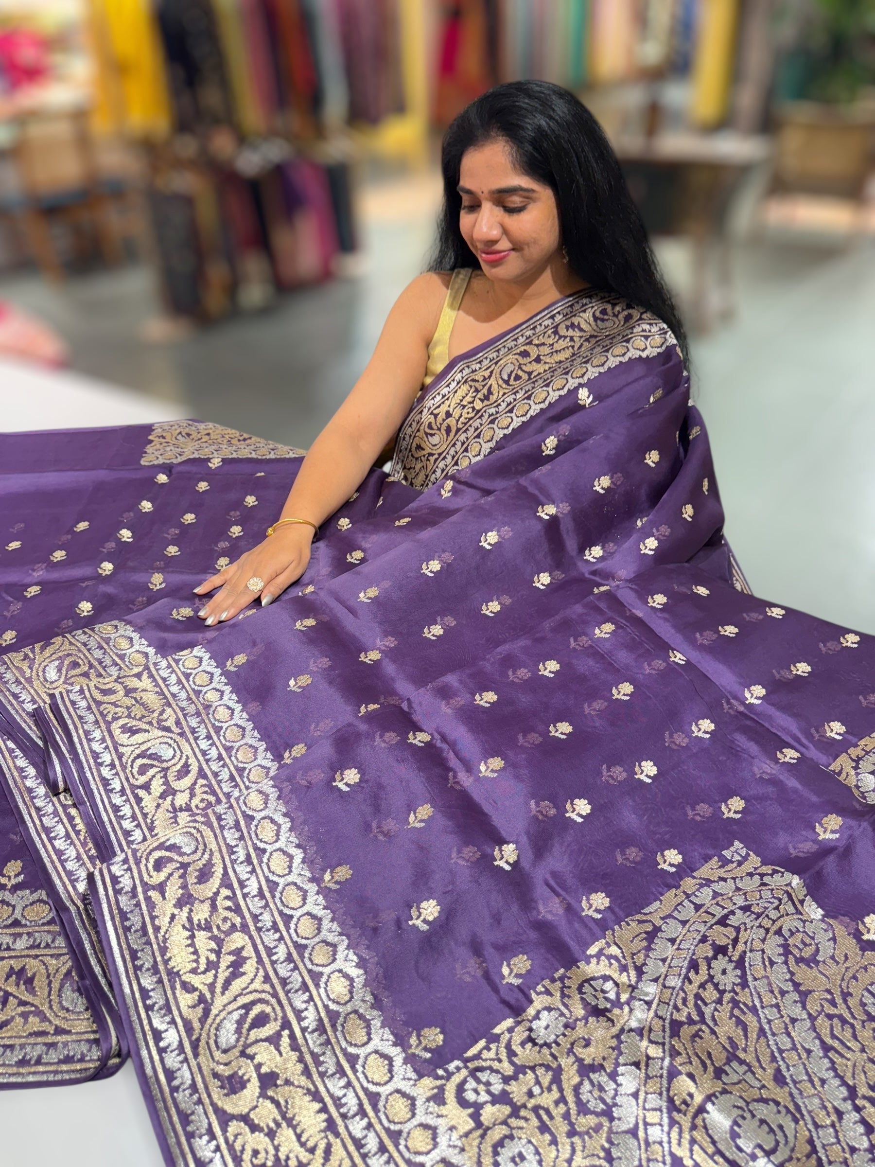 Brinjal Pure Organza Saree With Jamdani Inspired Embroidery