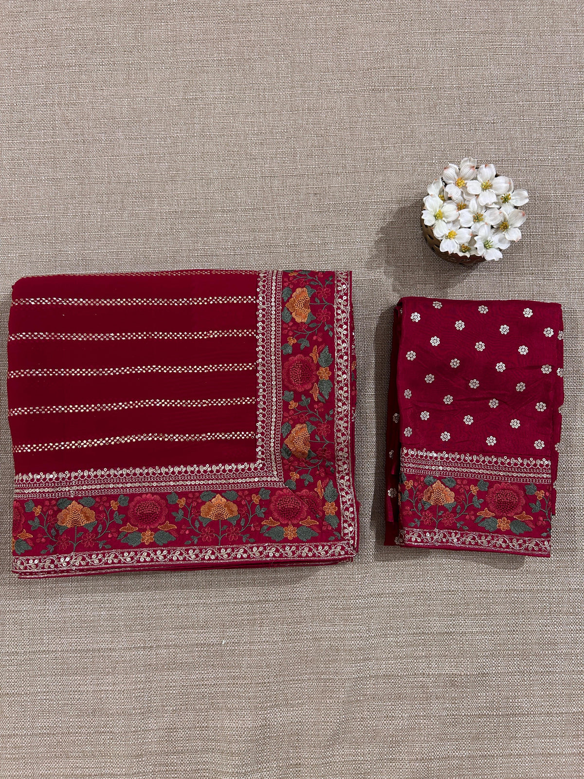 Red Georgette Saree with stick on badla with Sabyasachi borders and blouse