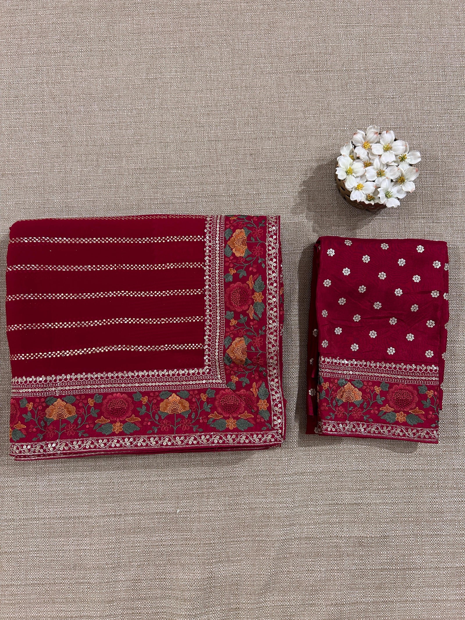 Red Georgette Saree with stick on badla with Sabyasachi borders and blouse