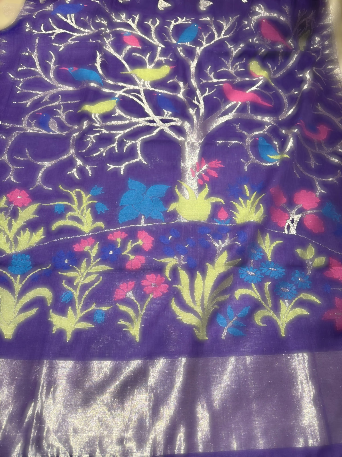 Violet Pure  handloom Ponduru Khadi jamdani Saree with heavy pallu