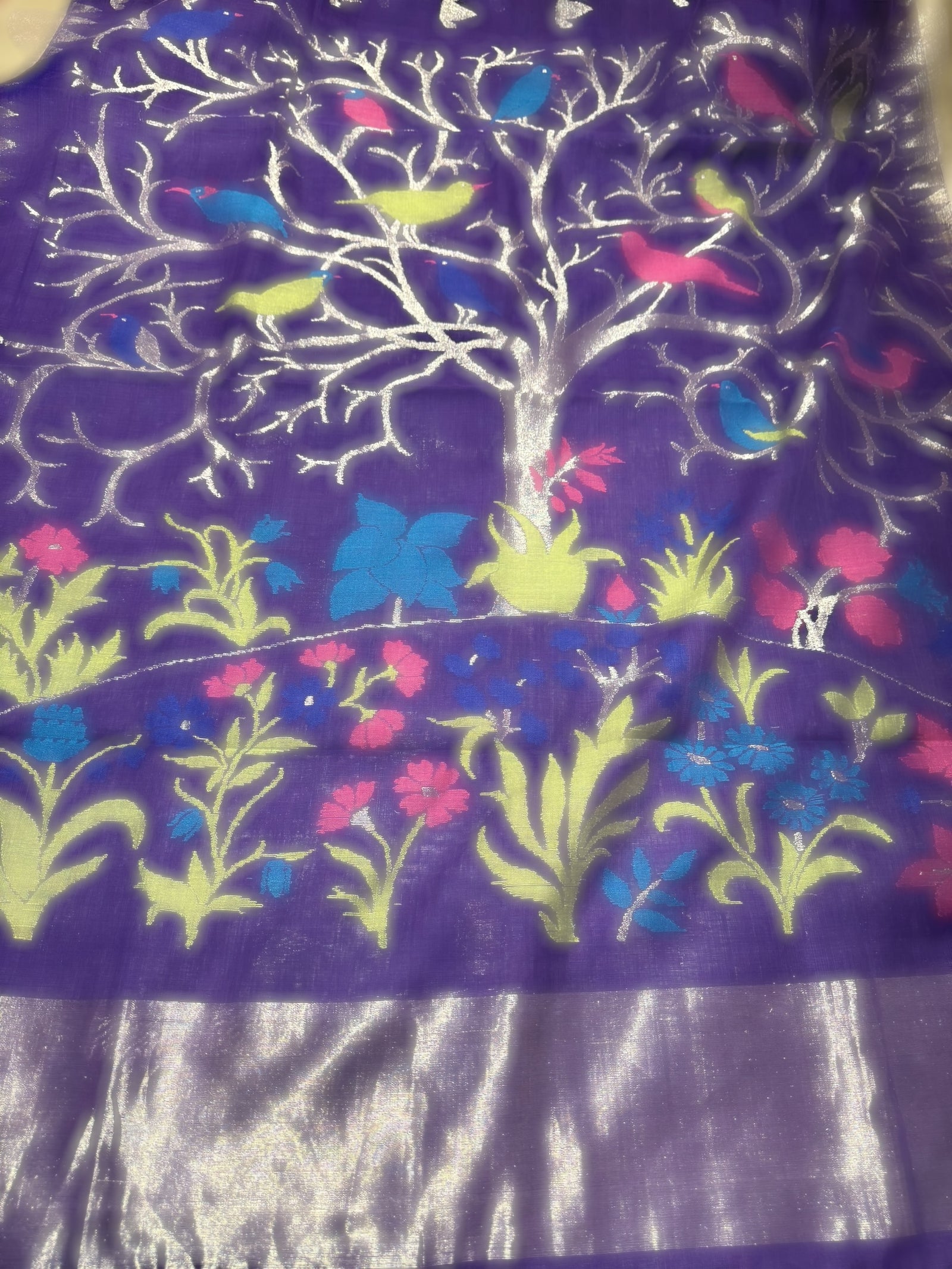 Violet Pure  handloom Ponduru Khadi jamdani Saree with heavy pallu