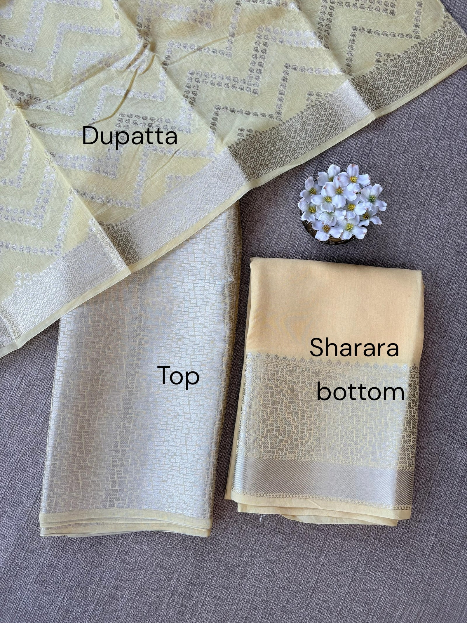 Besan Yellow Banarasi Mul Silk Brocade 3-pc Sharara Suit set : SS62J17