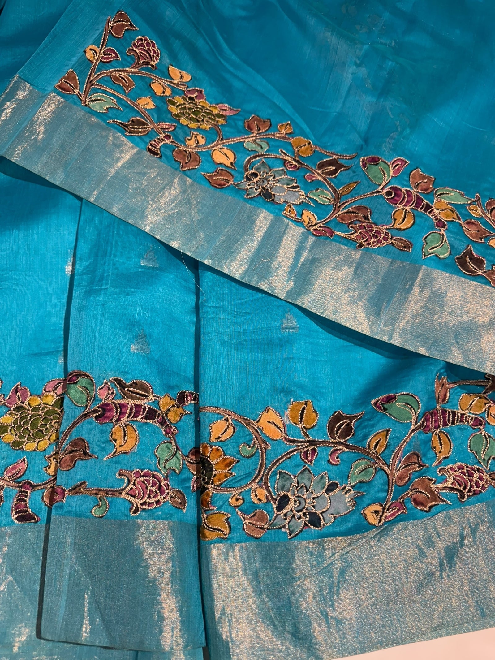 Copper sulphate chanderi silk saree with kalamkari applique border