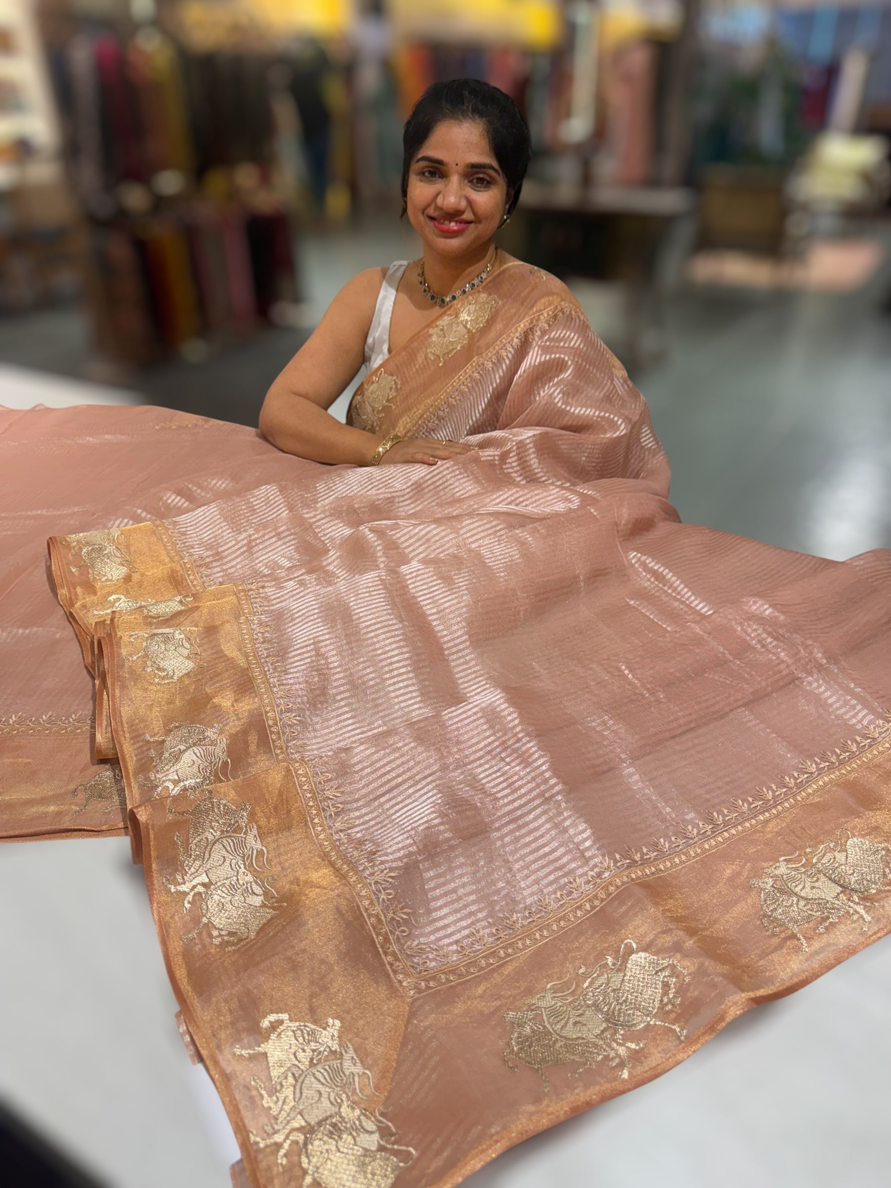 Peach Pink Kora tissue stripes Saree with Nandi embroidered tissue border