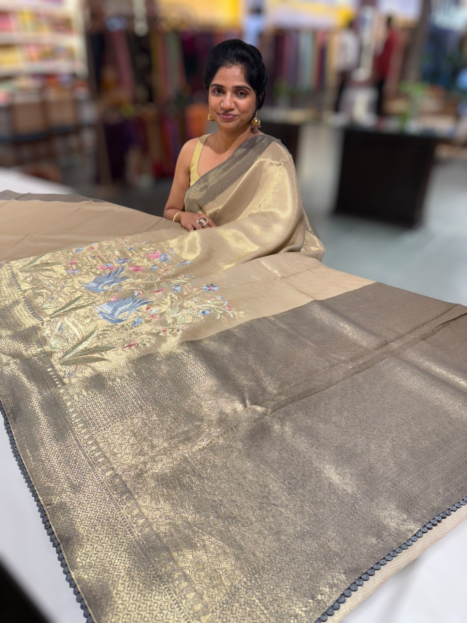 Antique Gold Banarasi Tissue with embroidered border