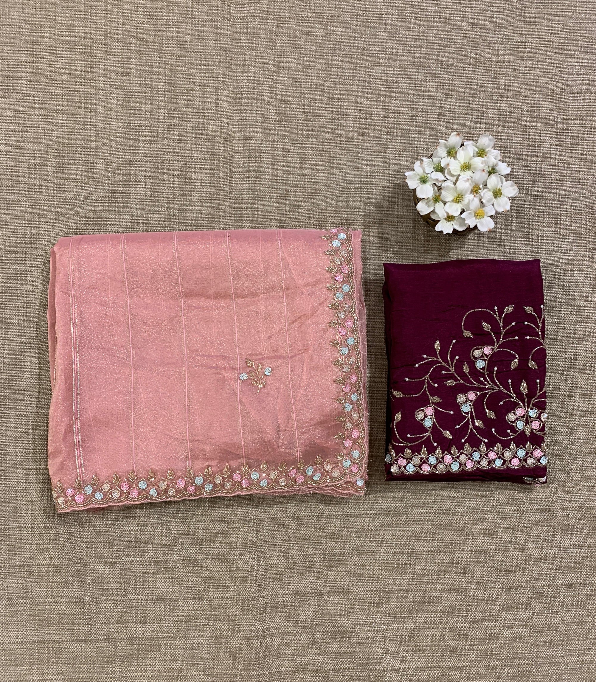Tissue Gorgette Saree With Hanwork Border and Blouse.