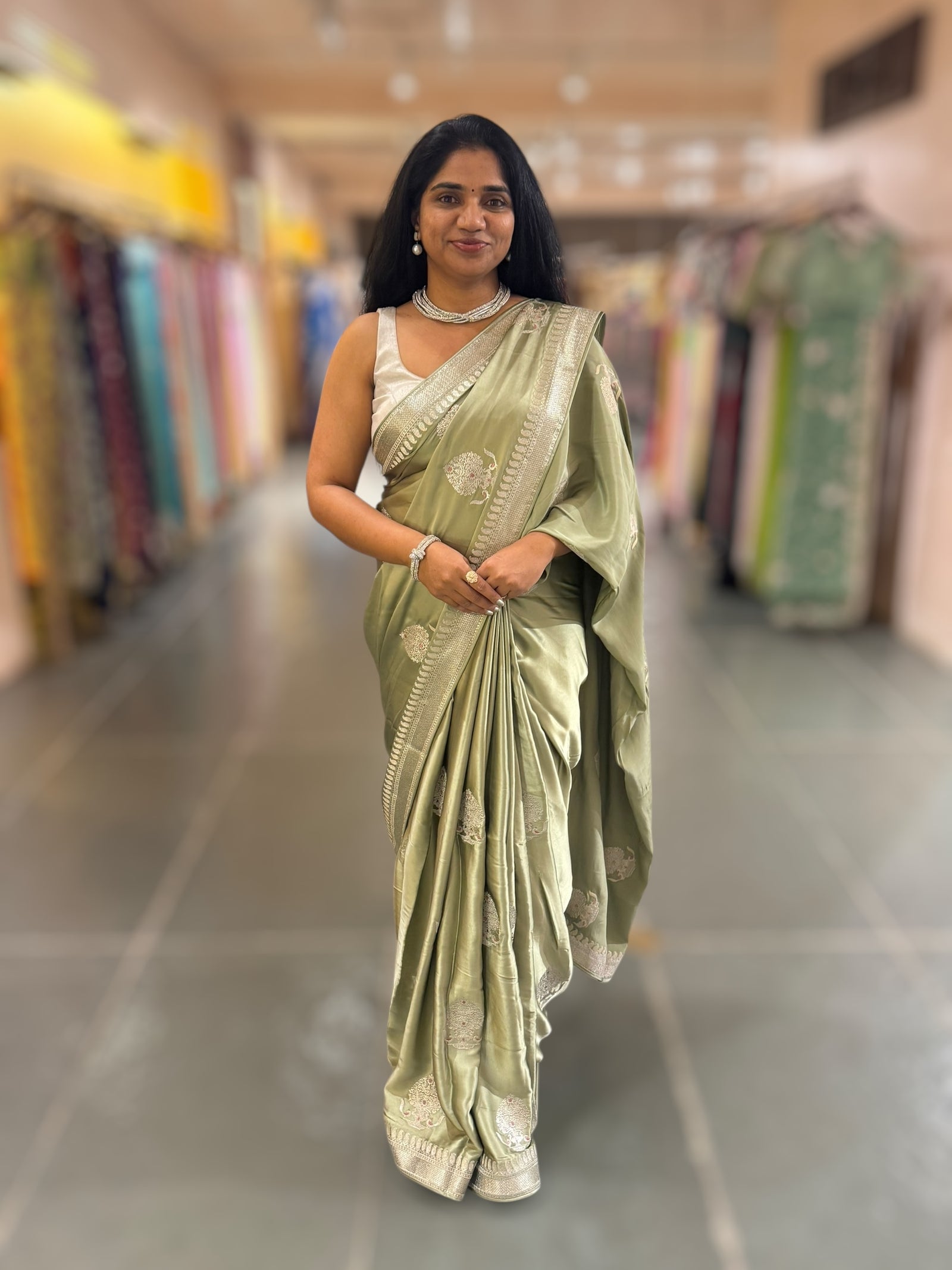 Dark Pista Satin Saree with Embroidery.