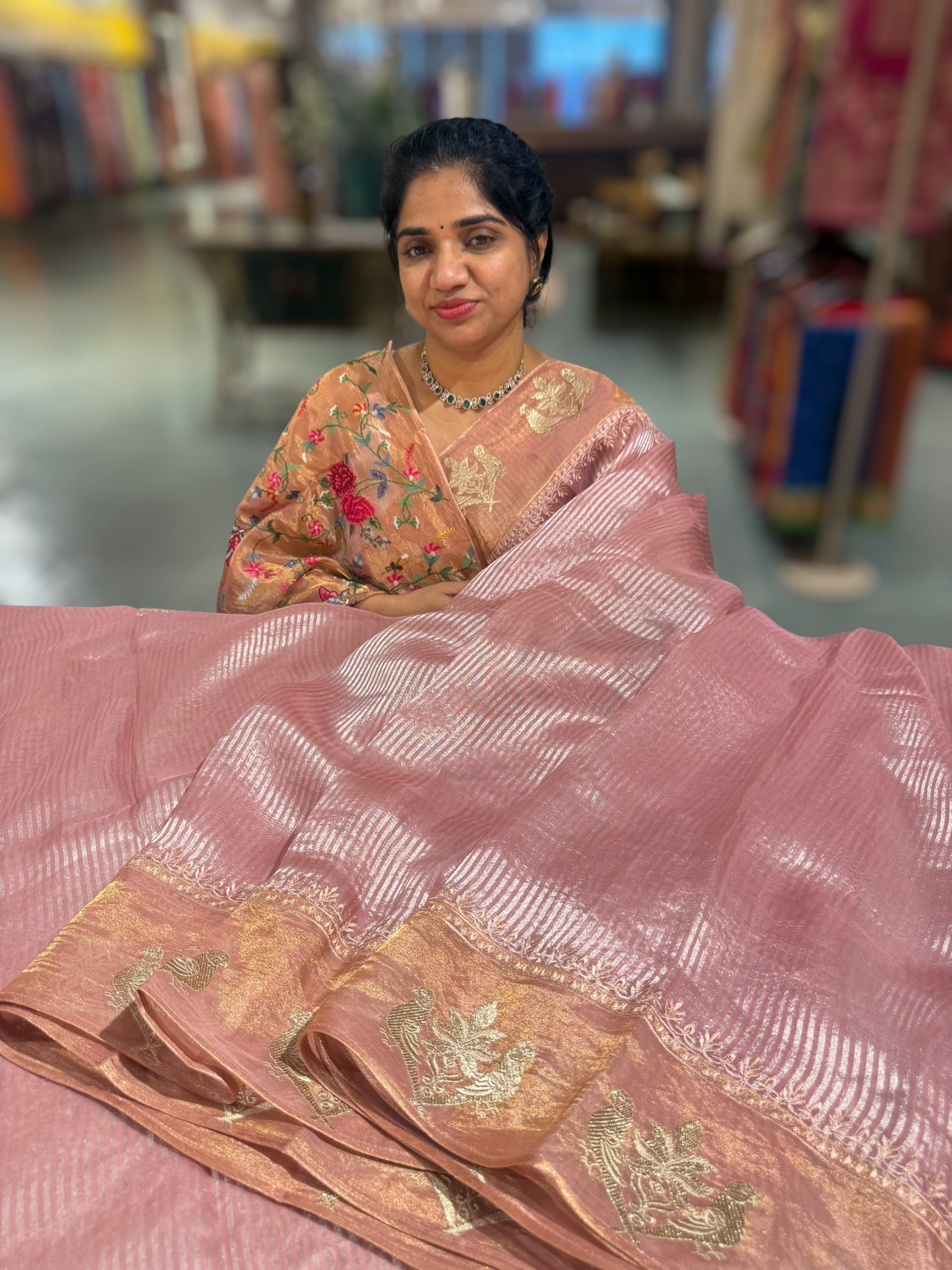 Dusty Pink Kora tissue silver stripes Saree with double parrot  embroidered tissue border
