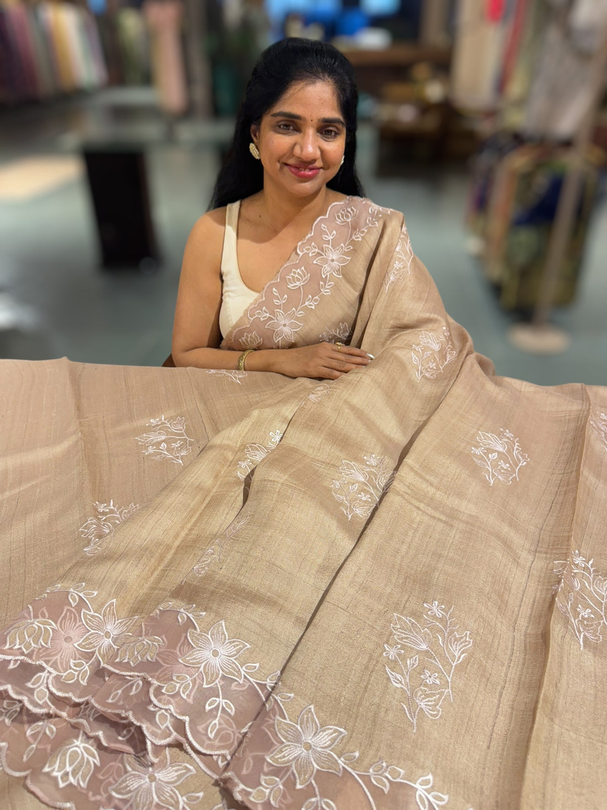 Chickoo Tussar Saree with organza embroidered border