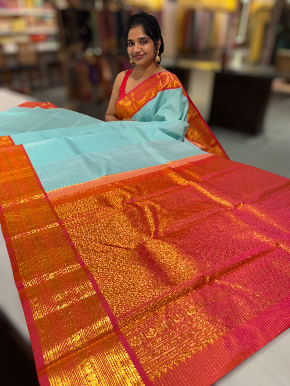 Sea Blue &amp; Orangish pink combo  Vintage checks Kanjeevaram Saree